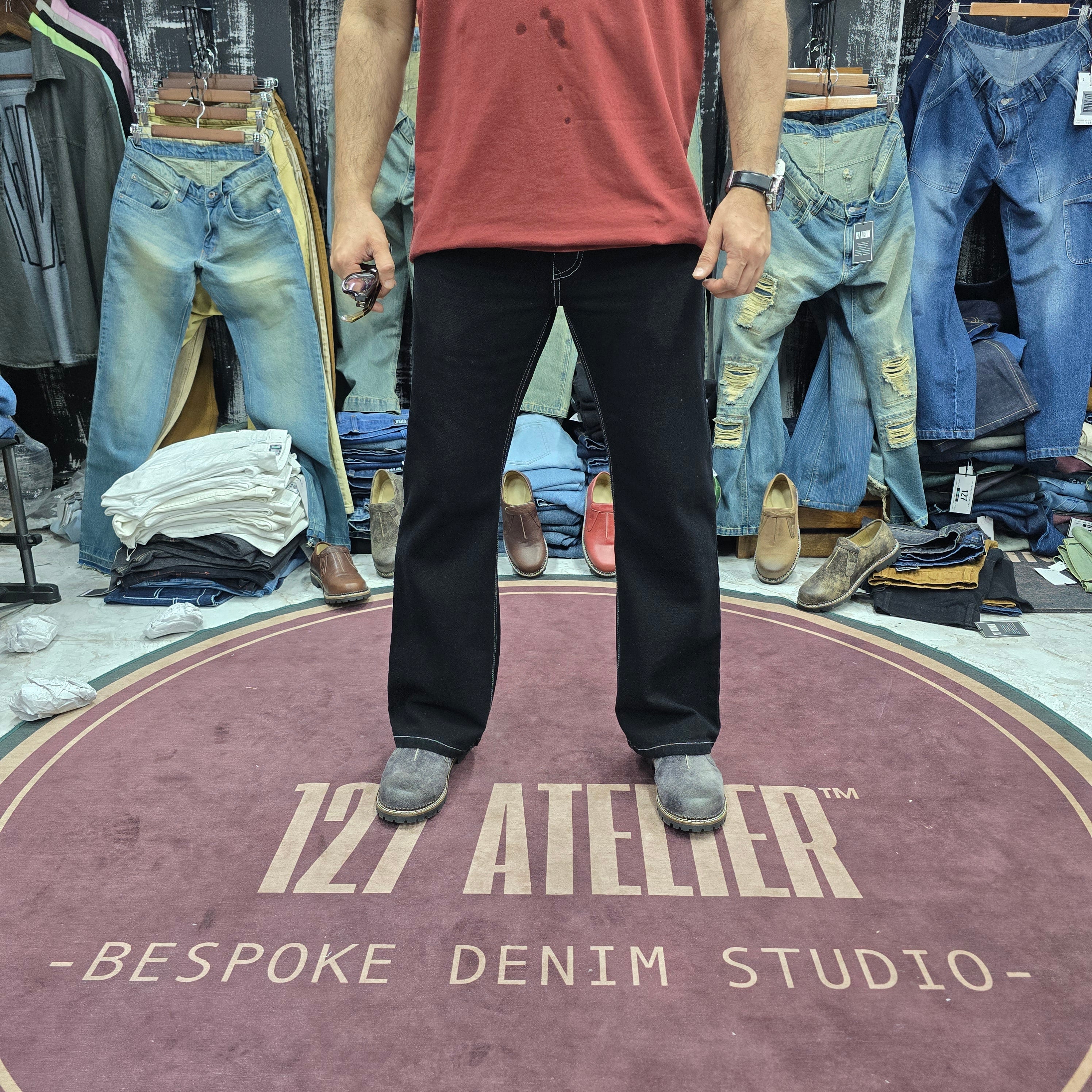 Jet Black Semi Bootcut Jeans With White Contrast Stitching