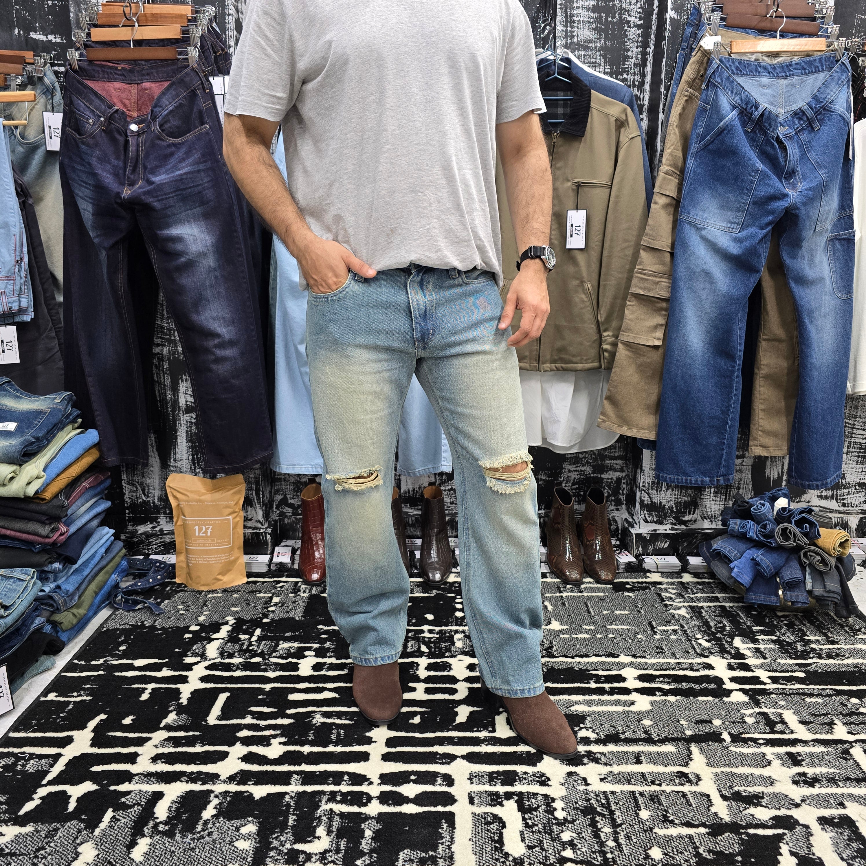 Ice Blue Distressed Semi Bootcut Jeans
