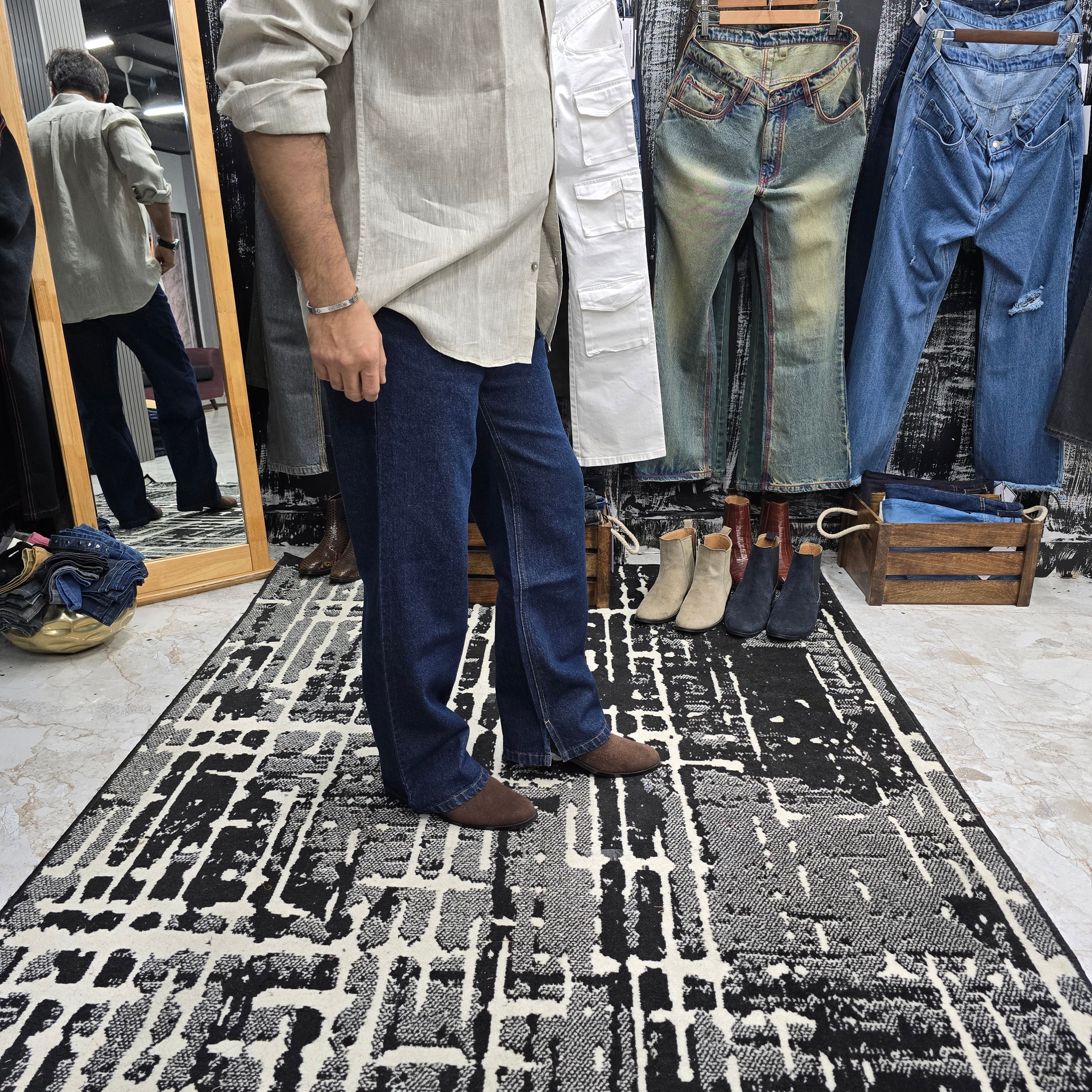 Midnight Raw Straight Wide-Leg Jeans with Inner Side Slit