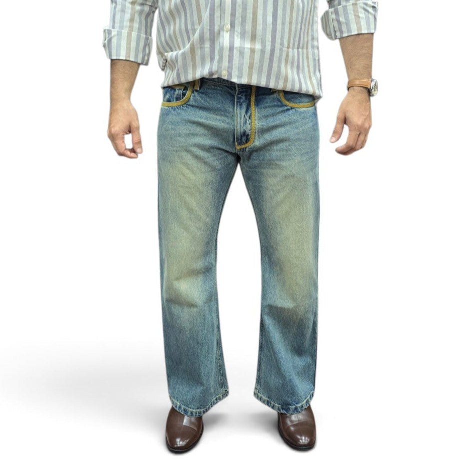 Dirty Blue Flared Bootcut Jean with Hand-Stitched Contrast Embroidery