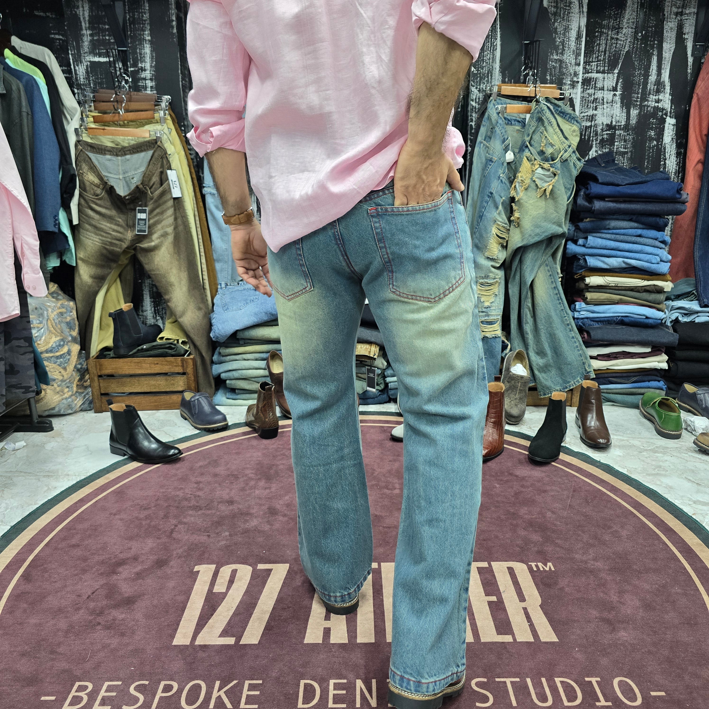 Vintage Monkey Wash Bootcut Jeans With Red Contrast stitching