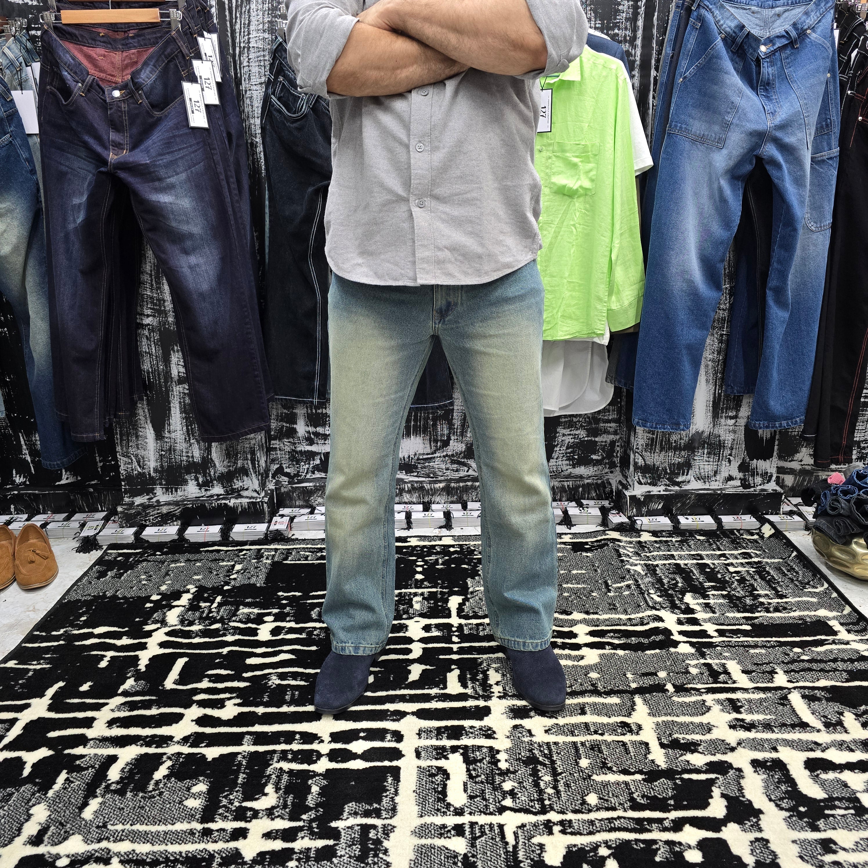 Tinted Blue Embroidered Semi Bootcut Jeans