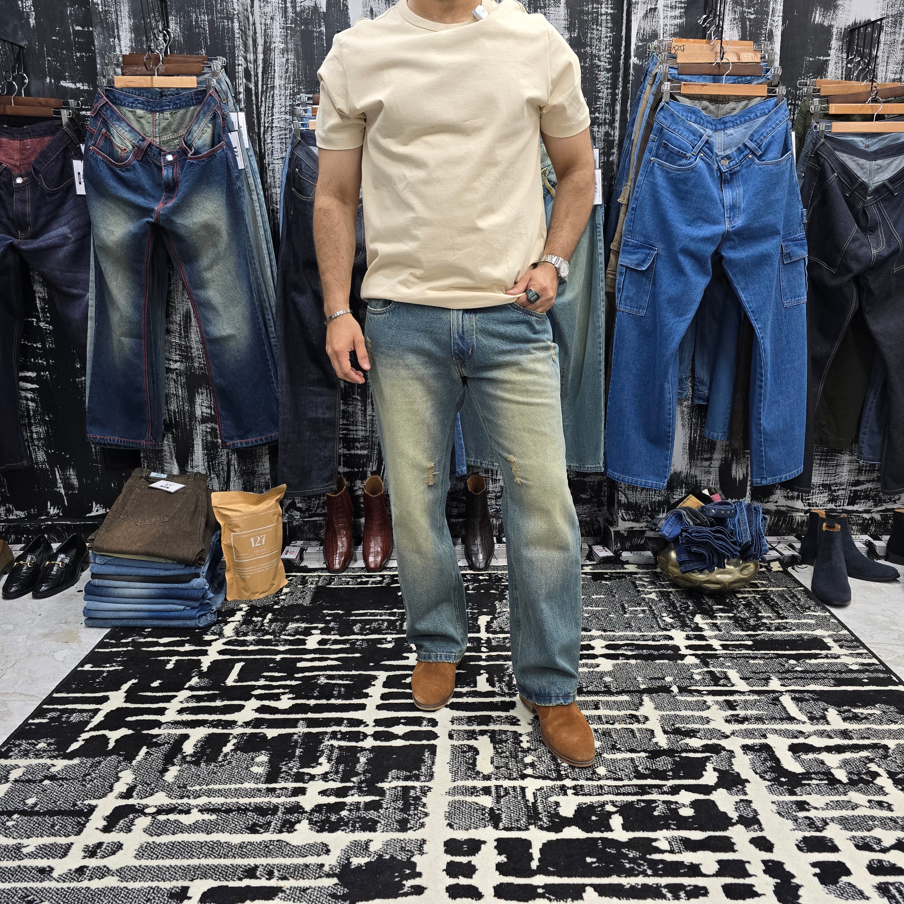 Dust Fade Semi Bootcut Jeans In Vintage Blue Wash