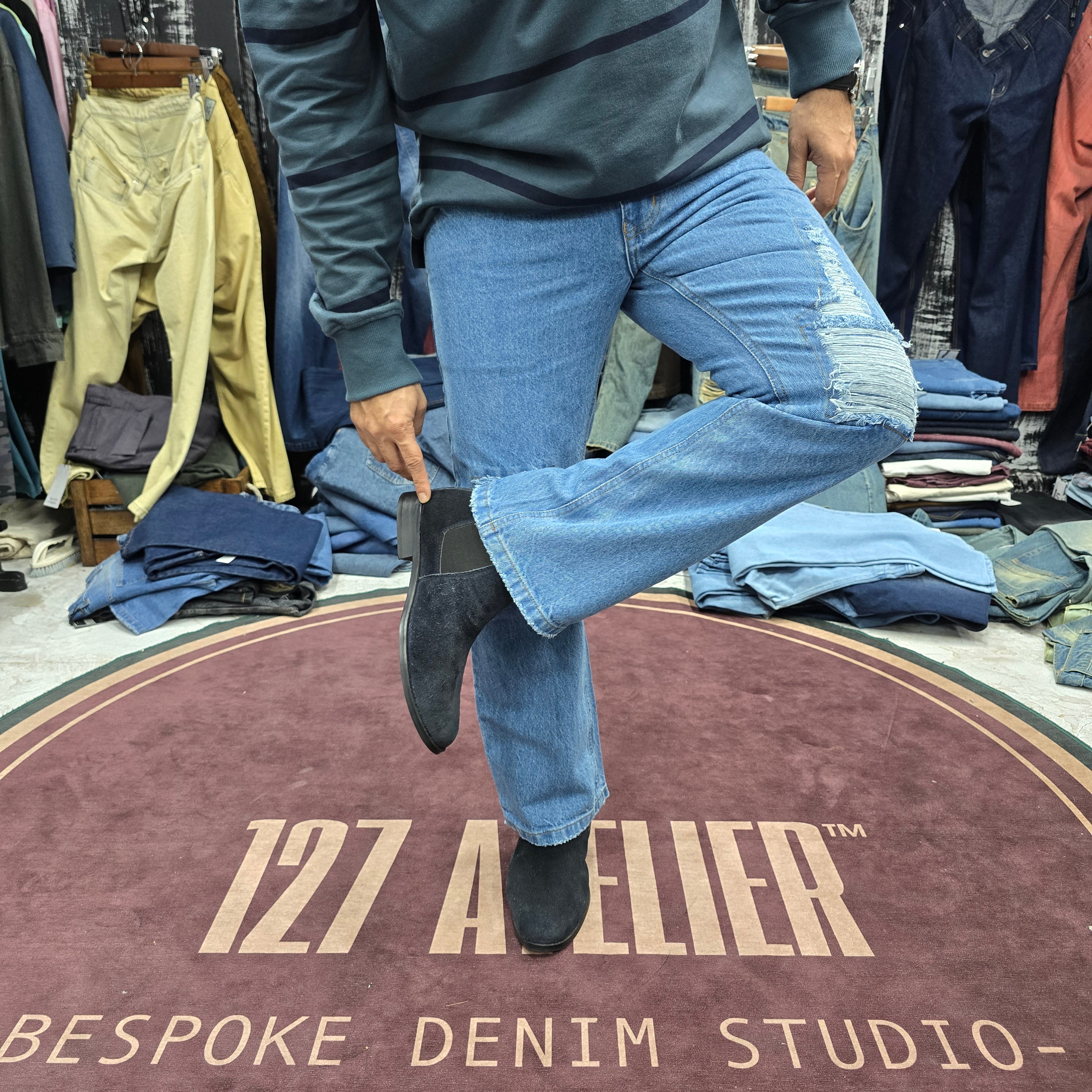 Straight Fit Distressed Jeans In Light Blue Wash