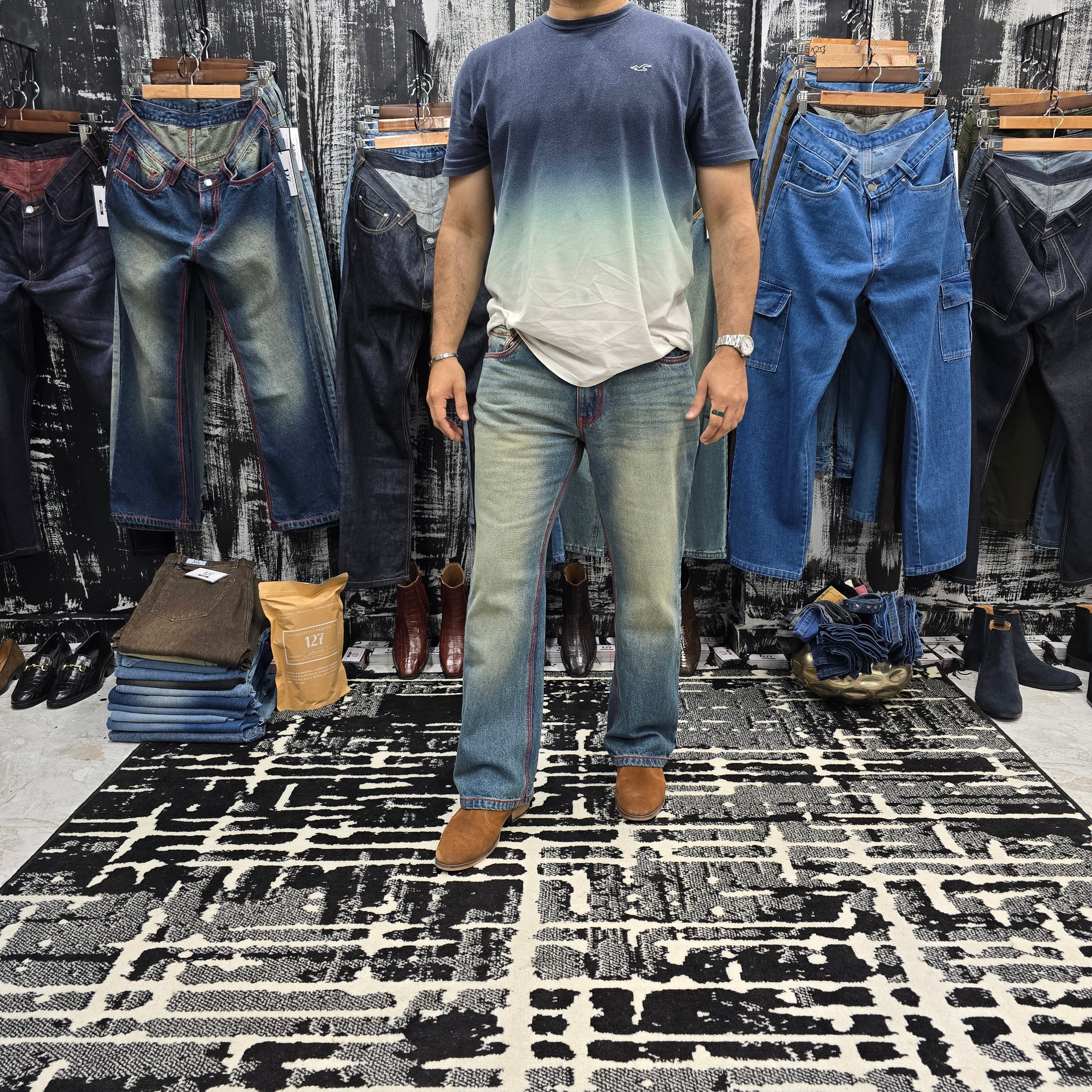 Vintage Ice Blue Semi Bootcut Jeans With Contrast Stitch Edition