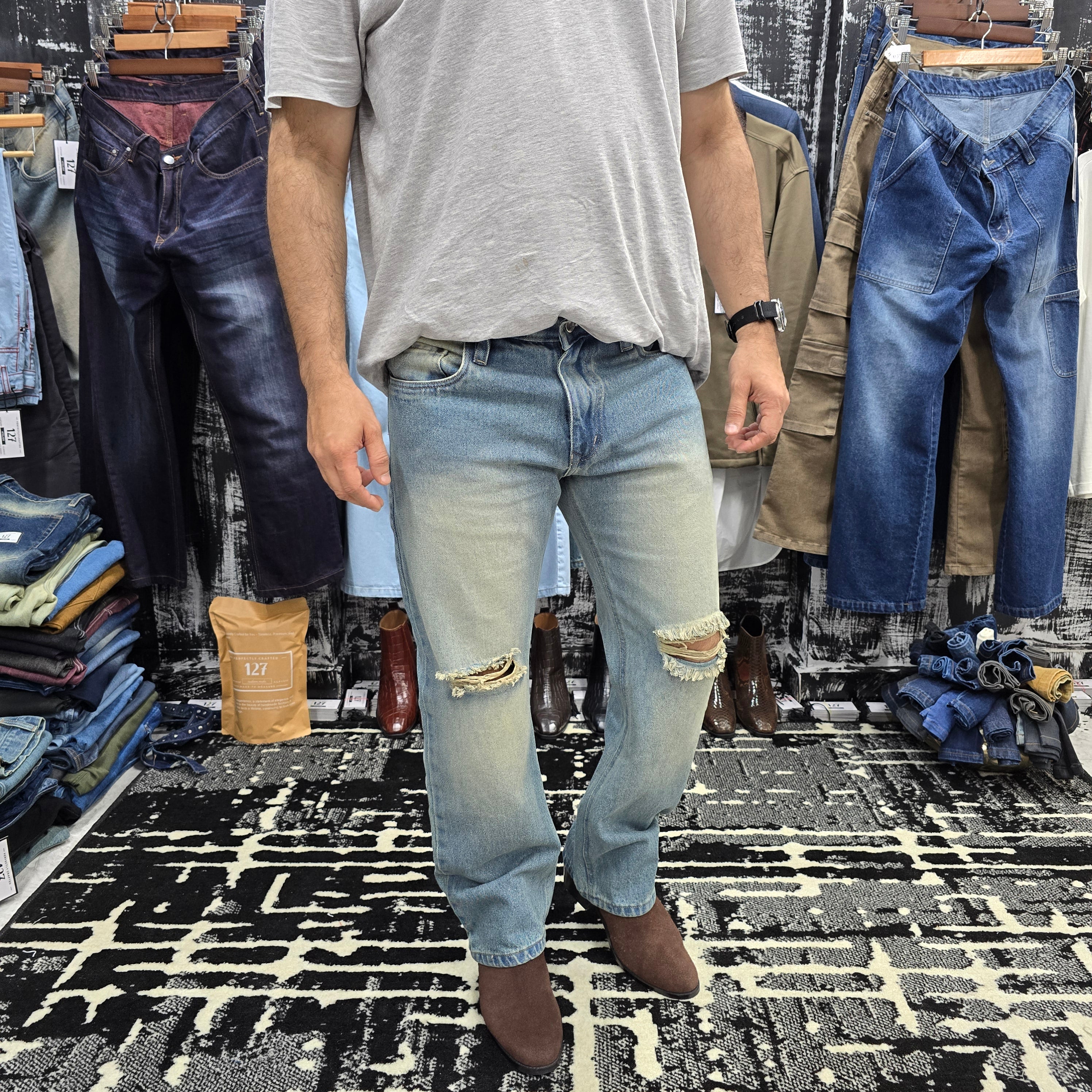 Ice Blue Distressed Semi Bootcut Jeans