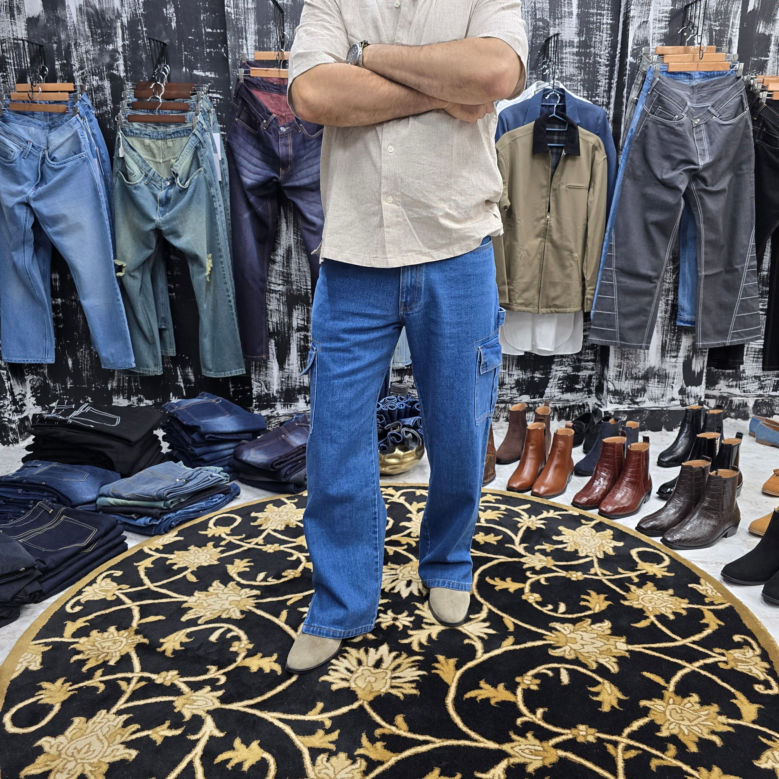 Classic Blue Cargo Wide-Leg Jeans with Bottom Slit