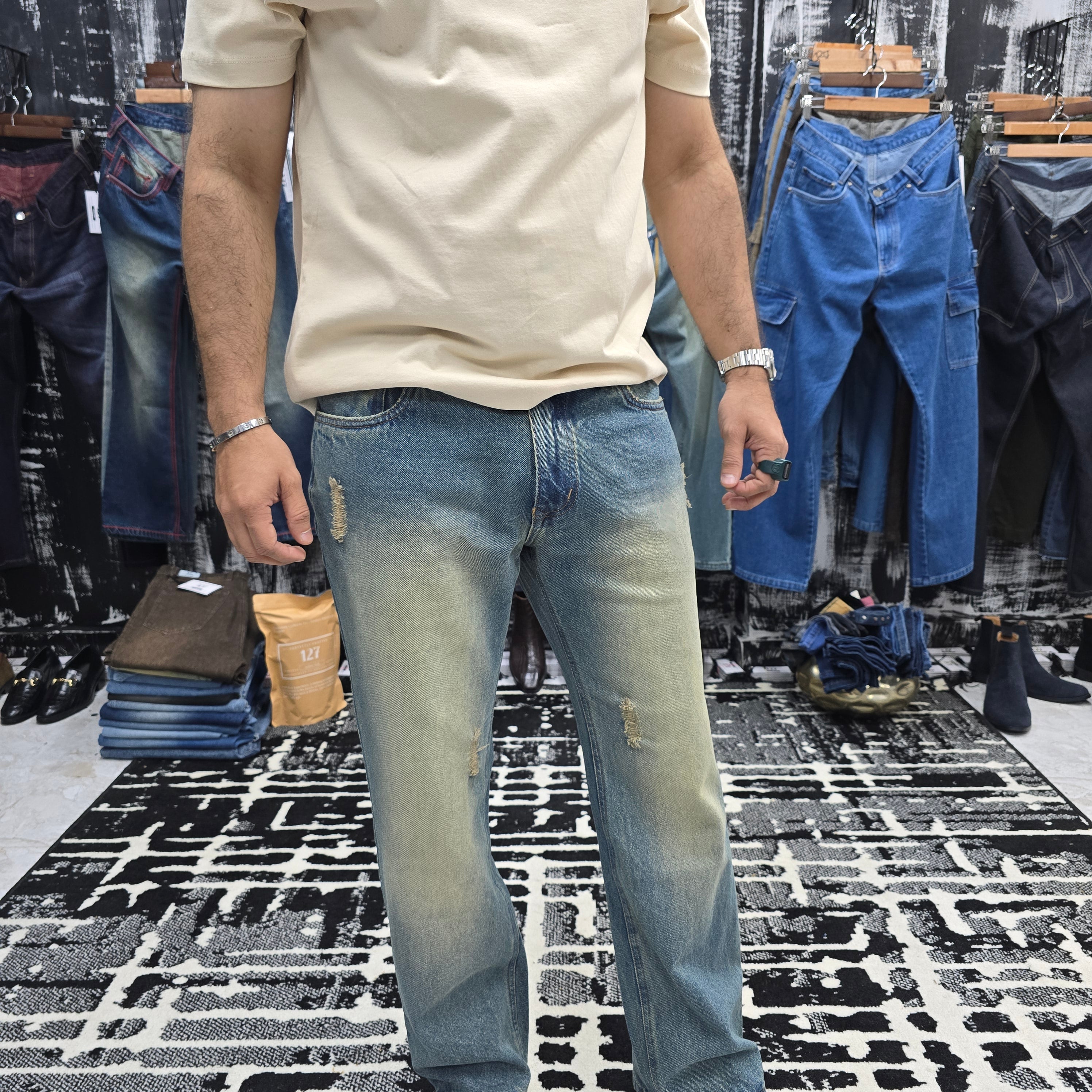Dust Fade Semi Bootcut Jeans In Vintage Blue Wash