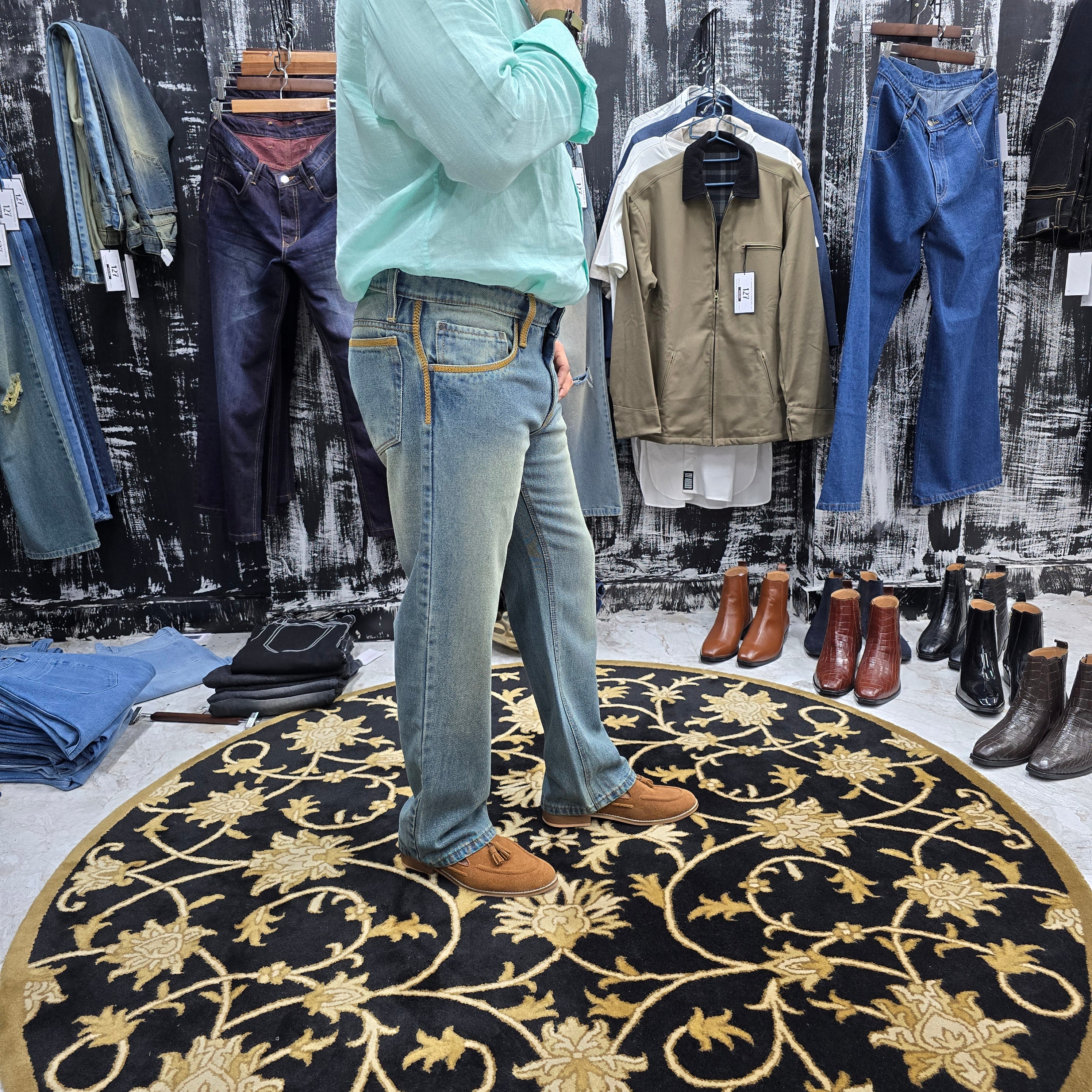 Vintage Sky Blue Jeans with Mustard Embroidered Detailing
