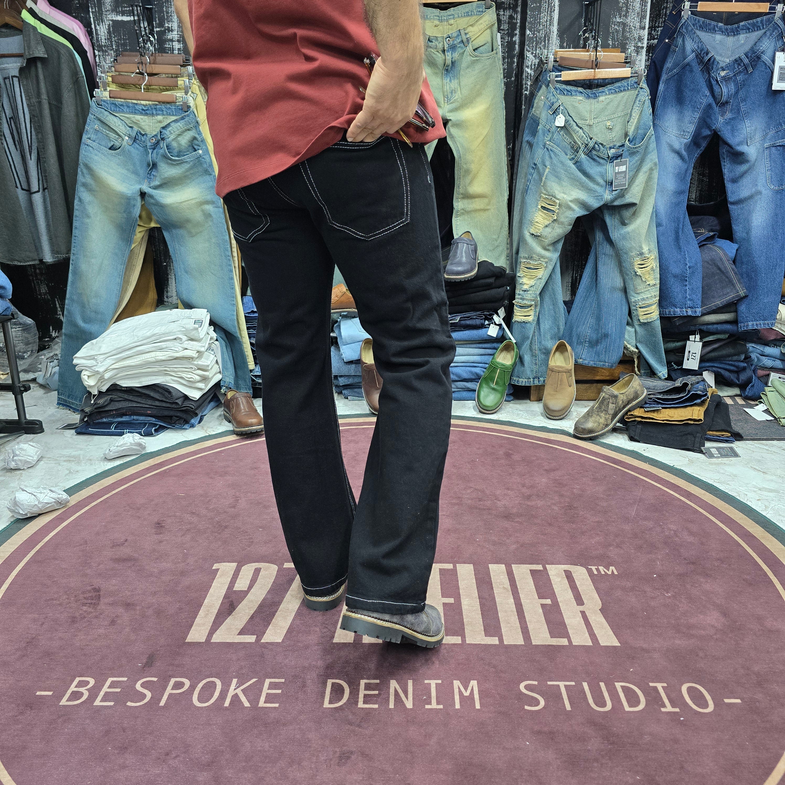 Jet Black Semi Bootcut Jeans With White Contrast Stitching