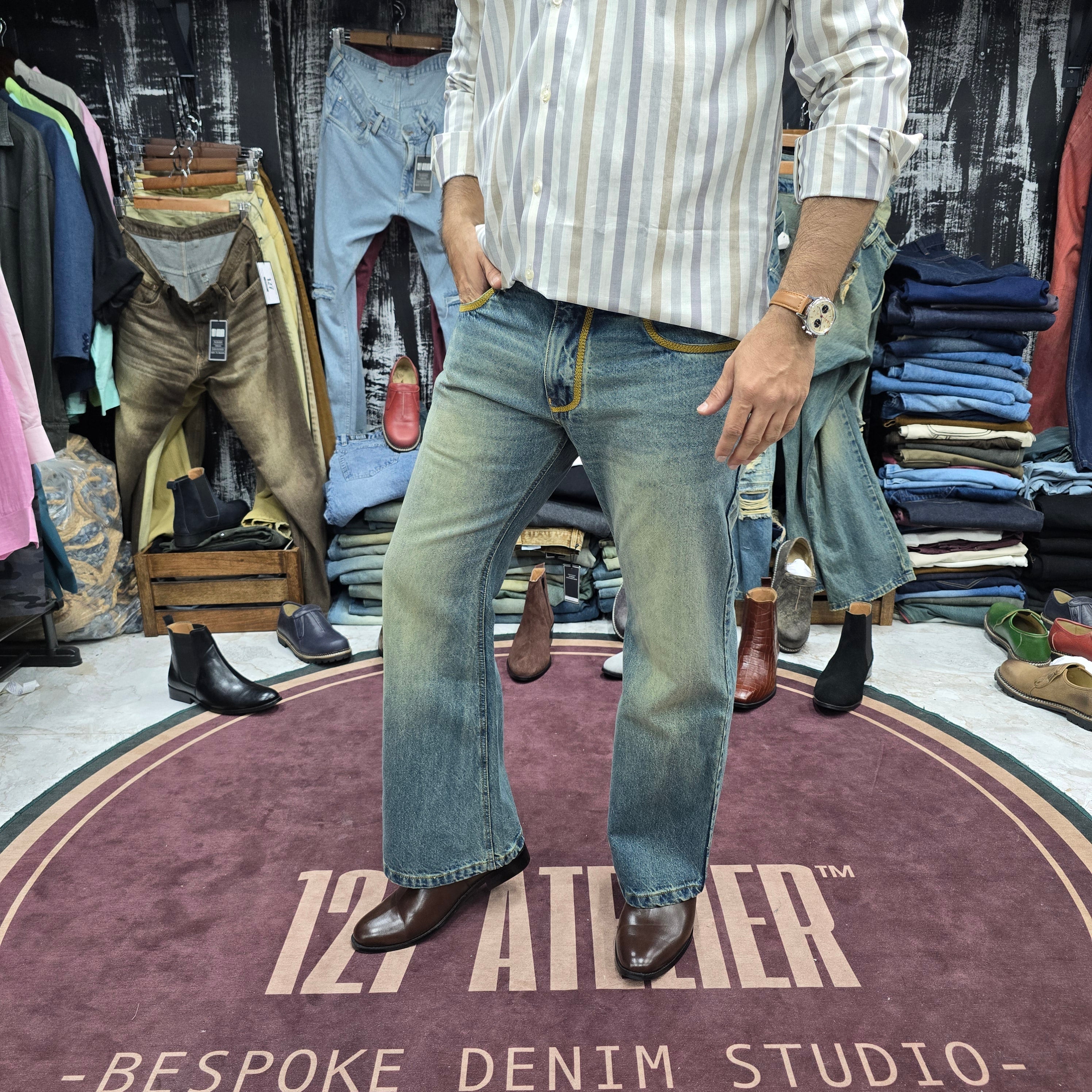 Dirty Blue Flared Bootcut Jean with Hand-Stitched Contrast Embroidery