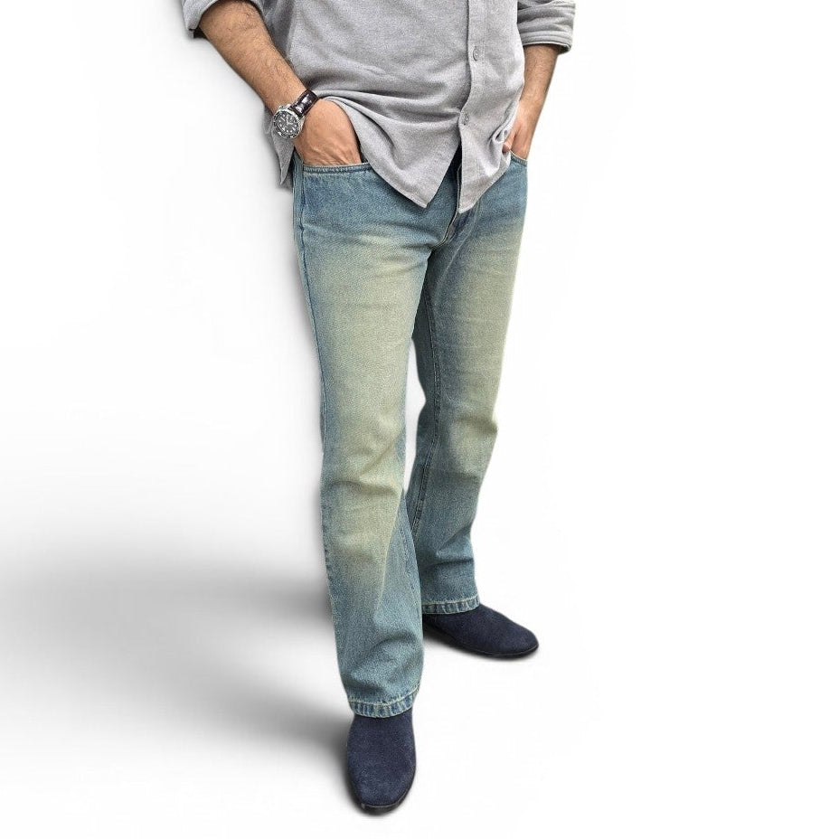 Tinted Blue Embroidered Semi Bootcut Jeans
