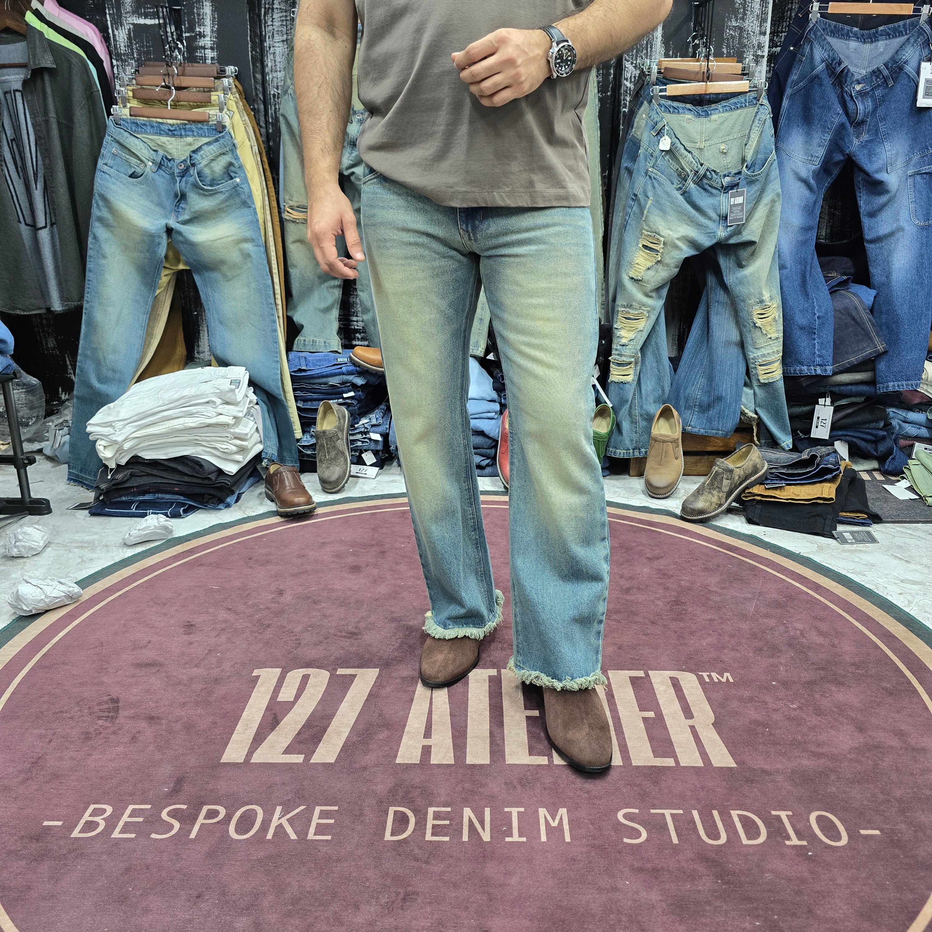 Vintage Light Blue Semi Bootcut Jeans With Rugged Frayed Hem