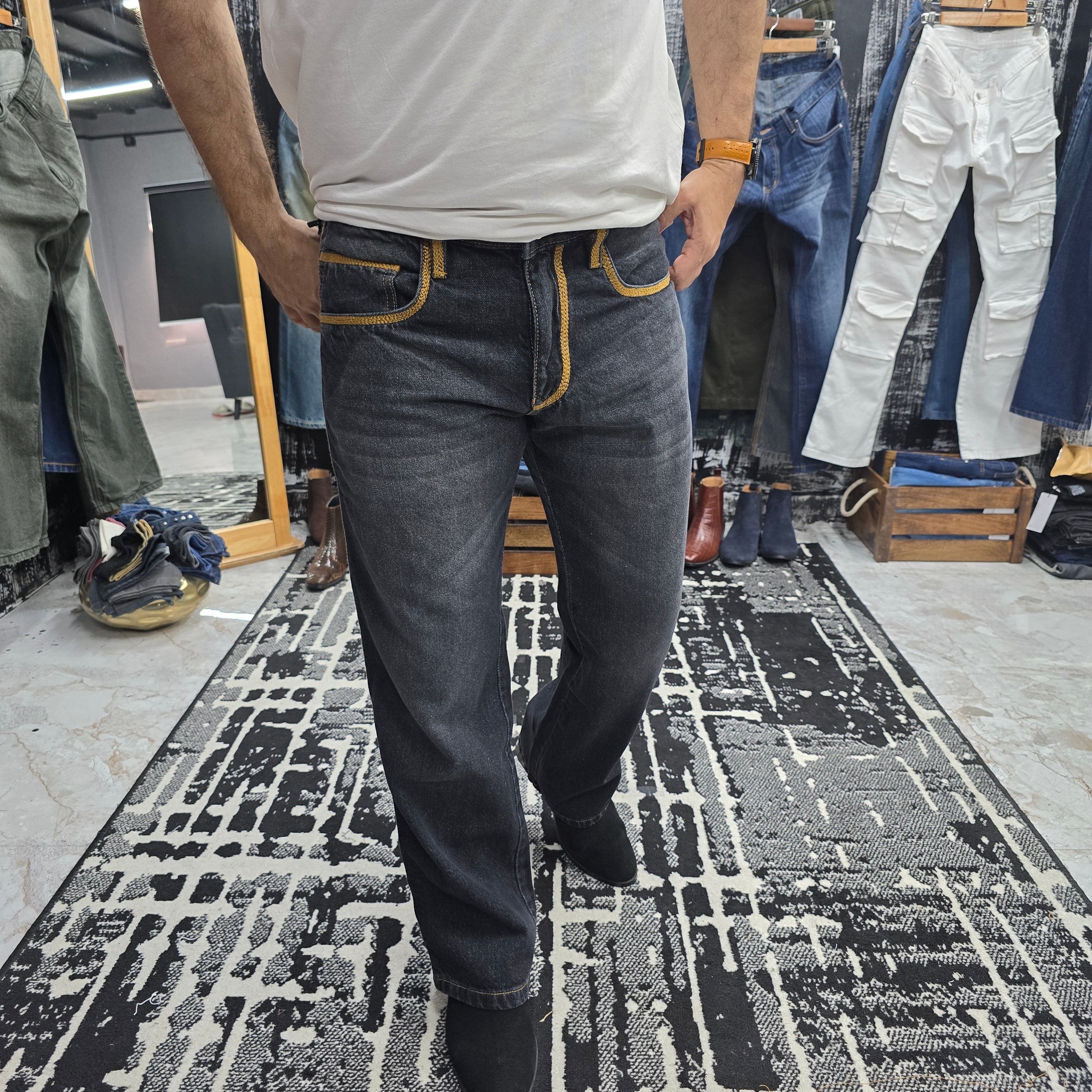 Charcoal Side Stripe Semi Bootcut Jeans