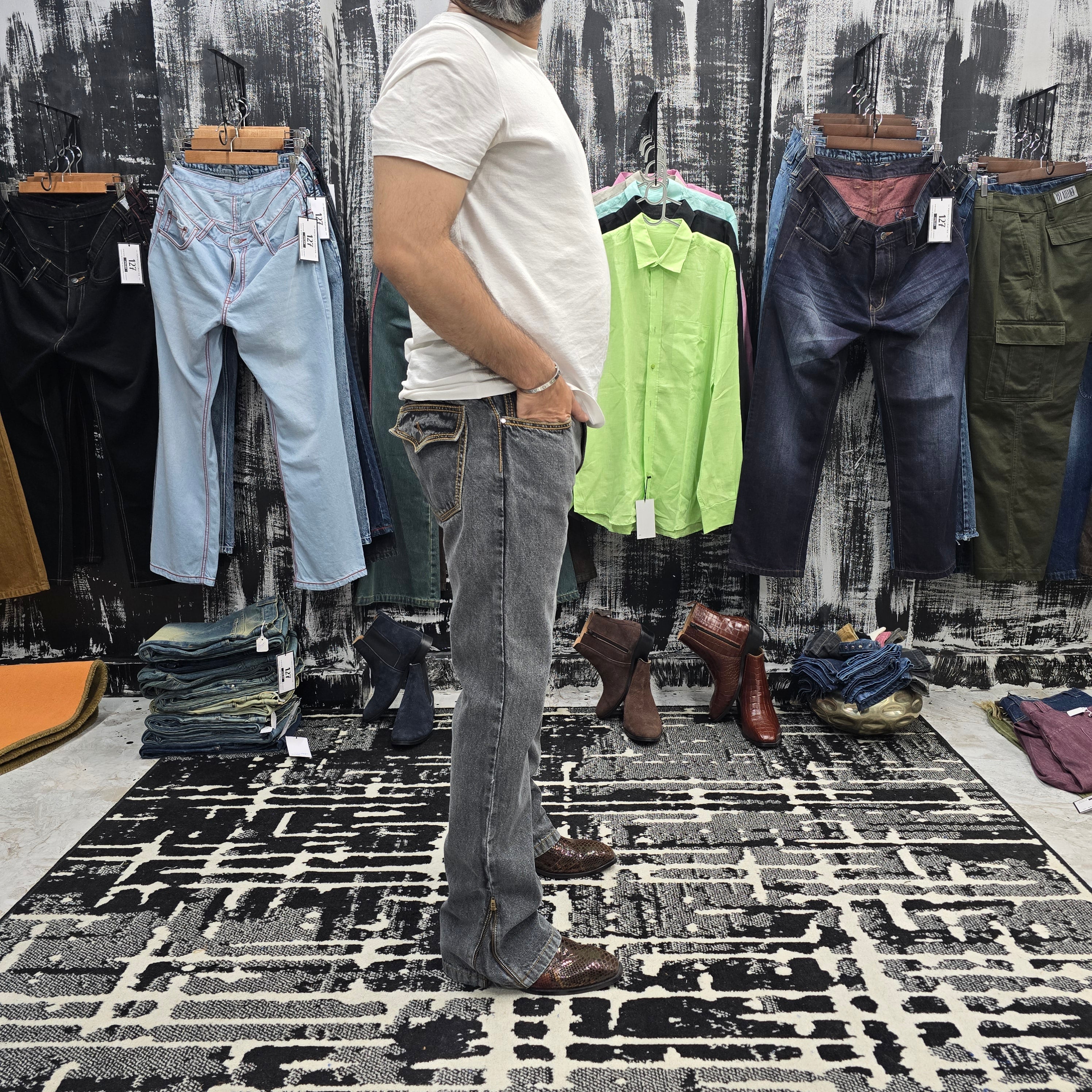 Ash Grey Vintage Wash Multifunctional Bottom Zip Jeans