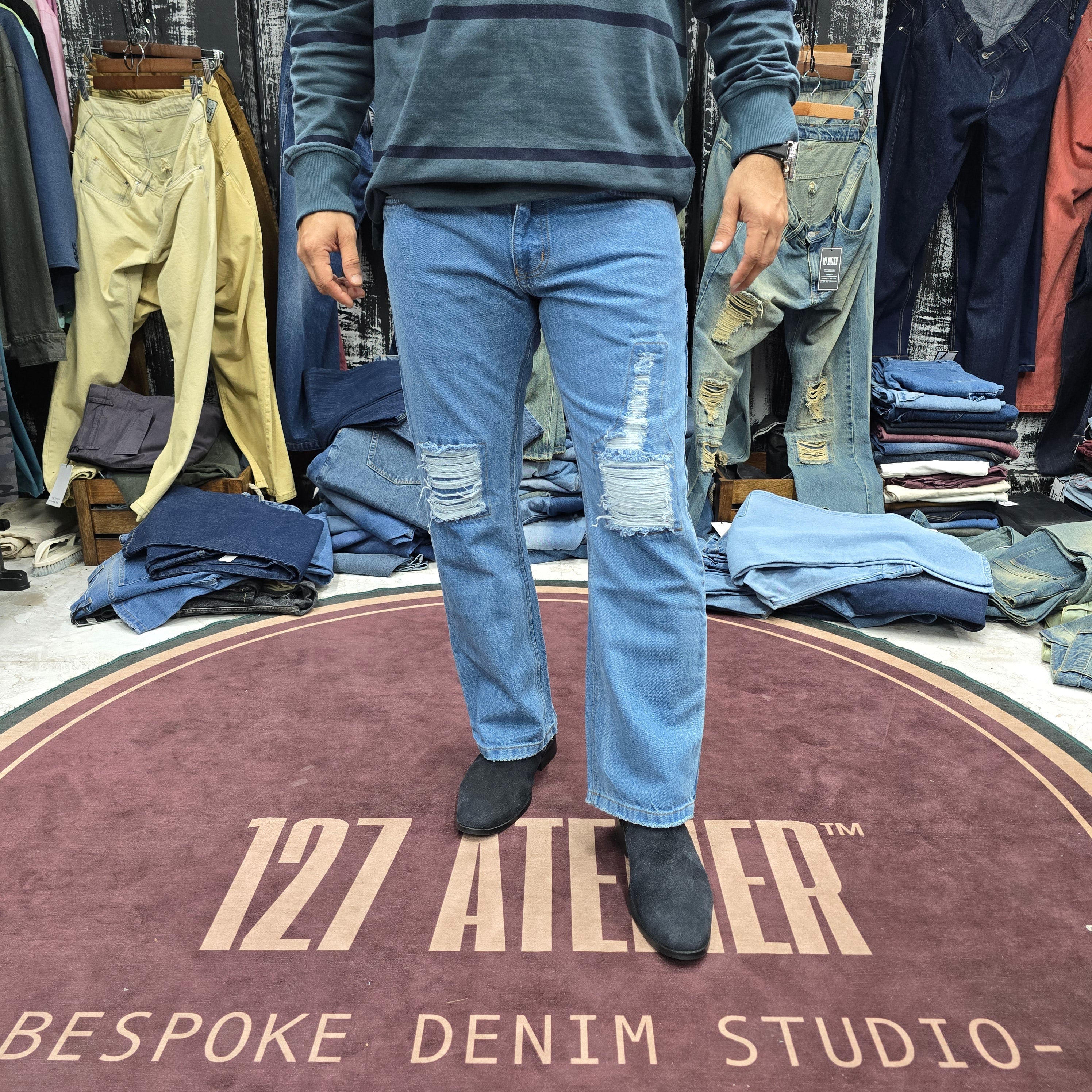 Straight Fit Distressed Jeans In Light Blue Wash