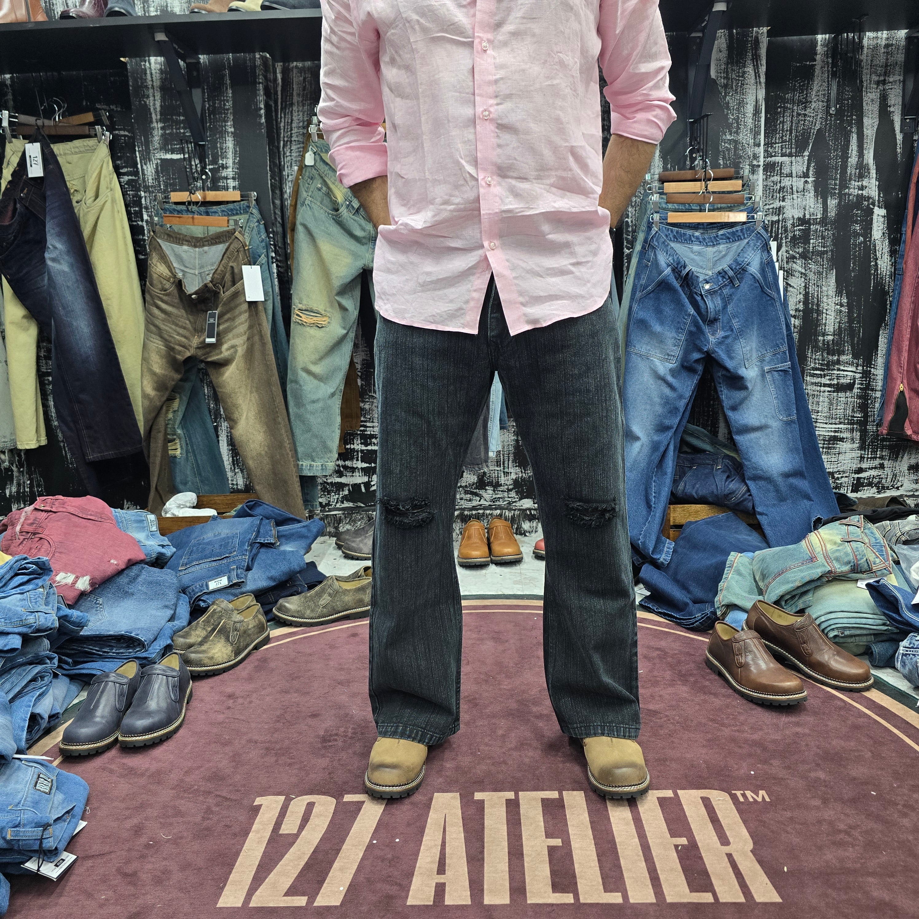 Charcoal Slub Bootcut Jeans with Distressed Knees
