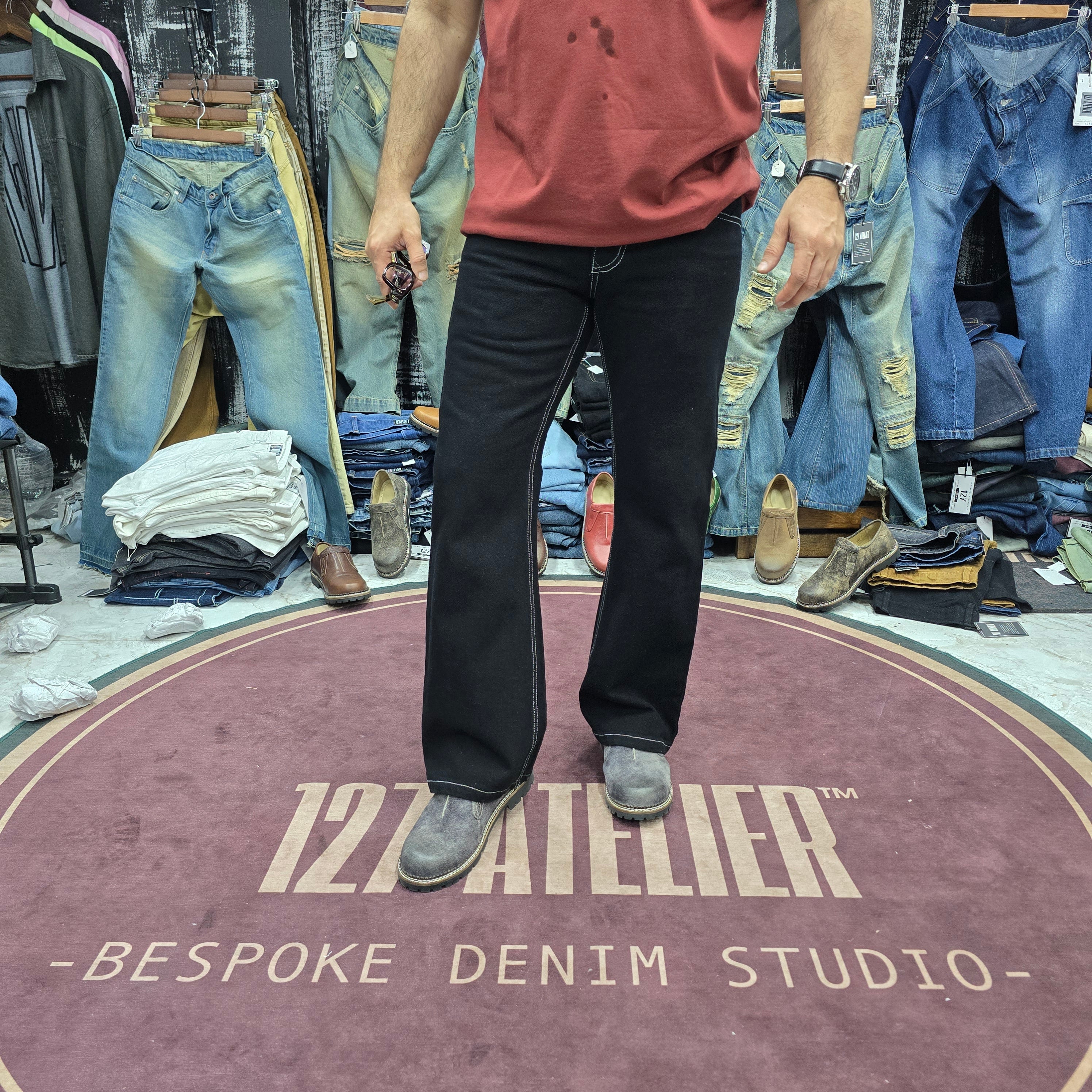 Jet Black Semi Bootcut Jeans With White Contrast Stitching