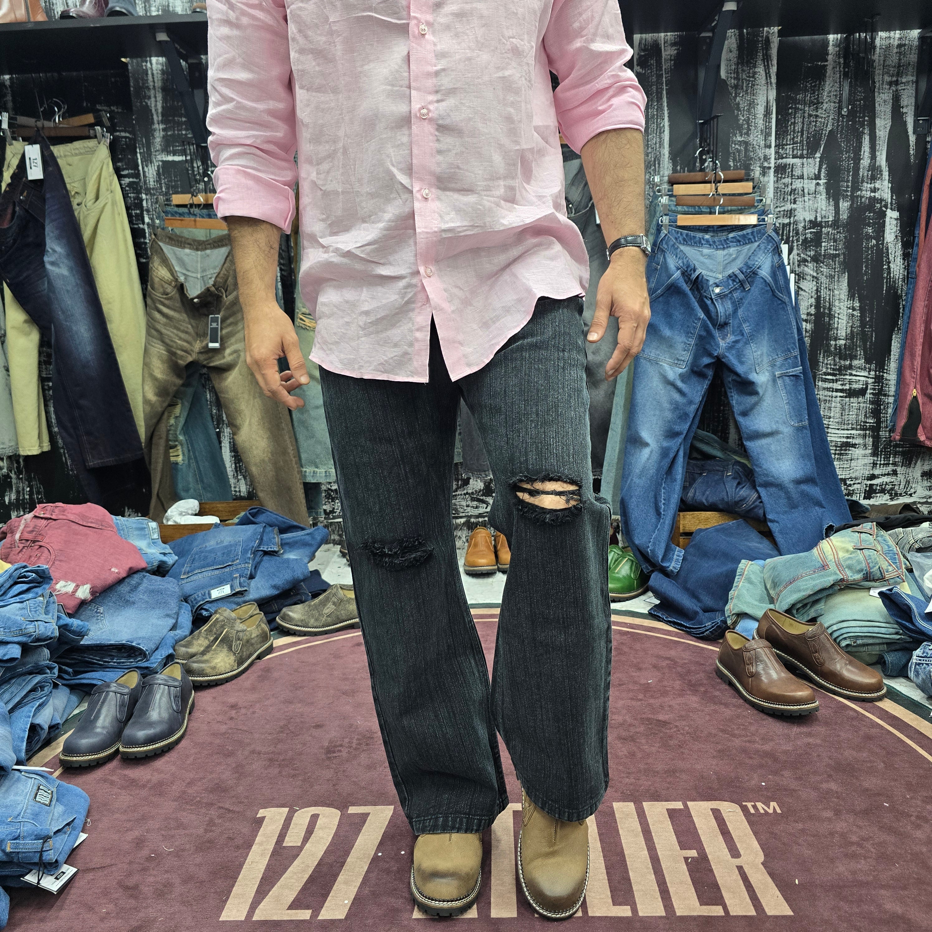 Charcoal Slub Bootcut Jeans with Distressed Knees