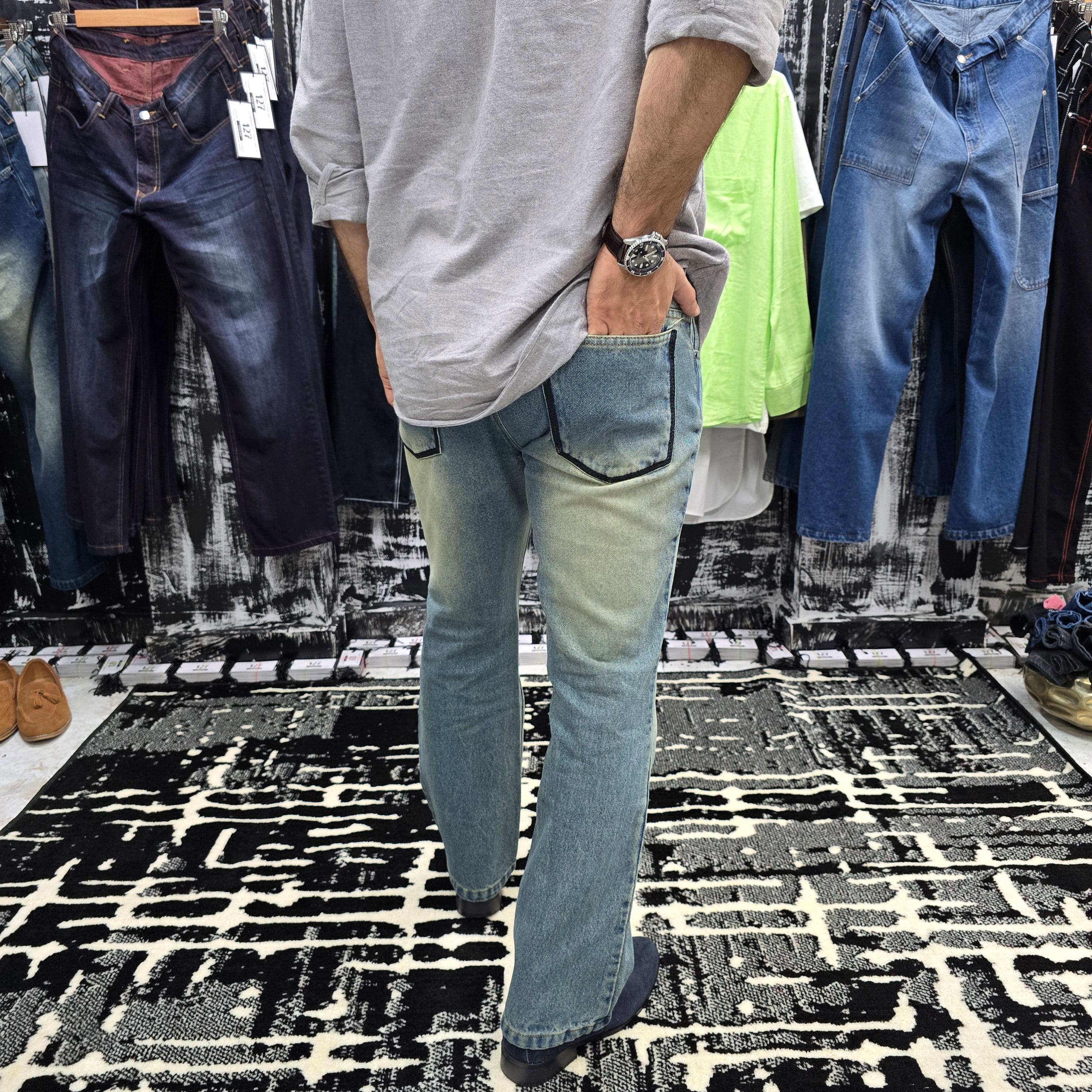 Tinted Blue Embroidered Semi Bootcut Jeans