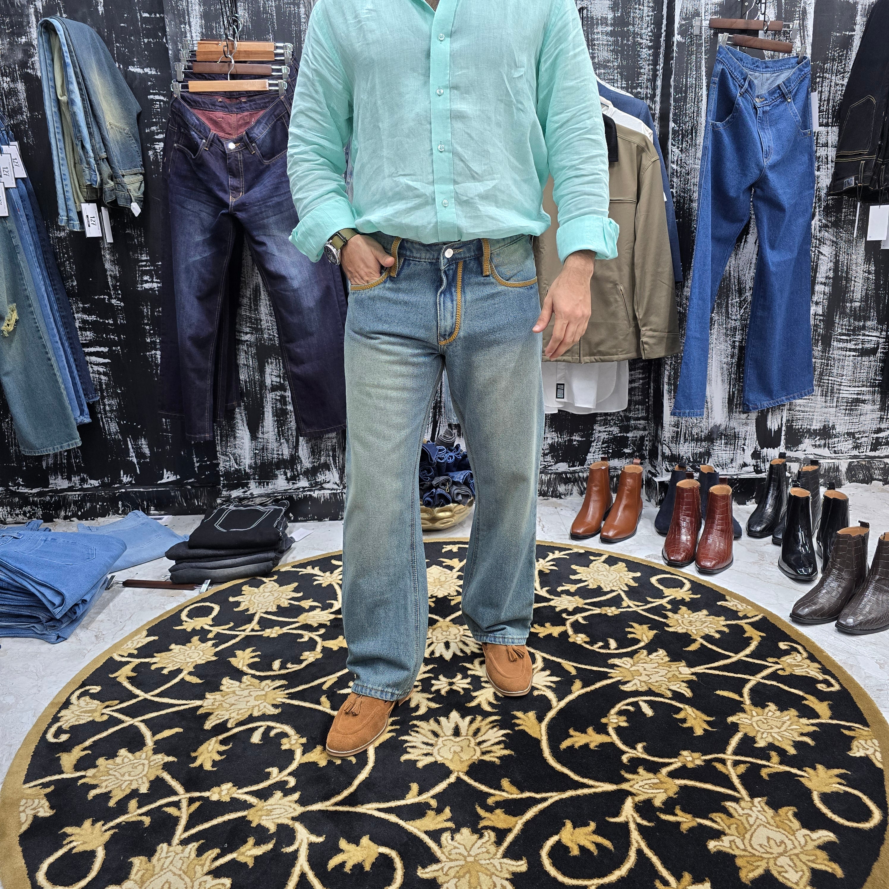 Vintage Sky Blue Jeans with Mustard Embroidered Detailing