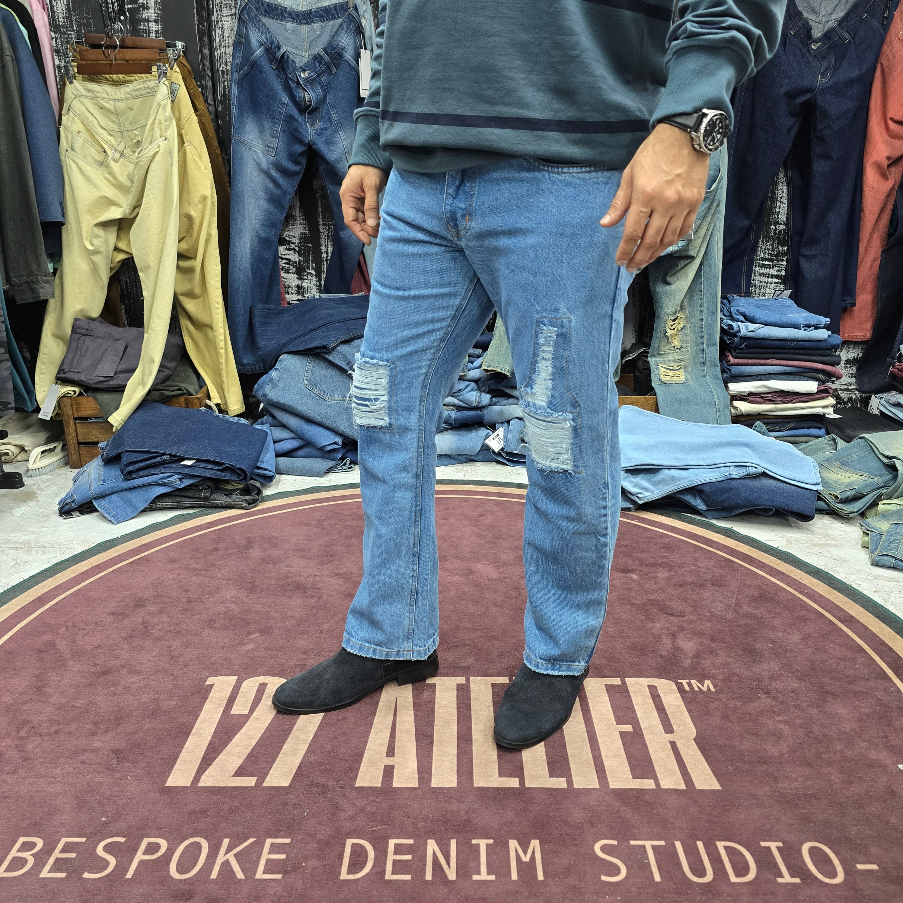 Straight Fit Distressed Jeans In Light Blue Wash