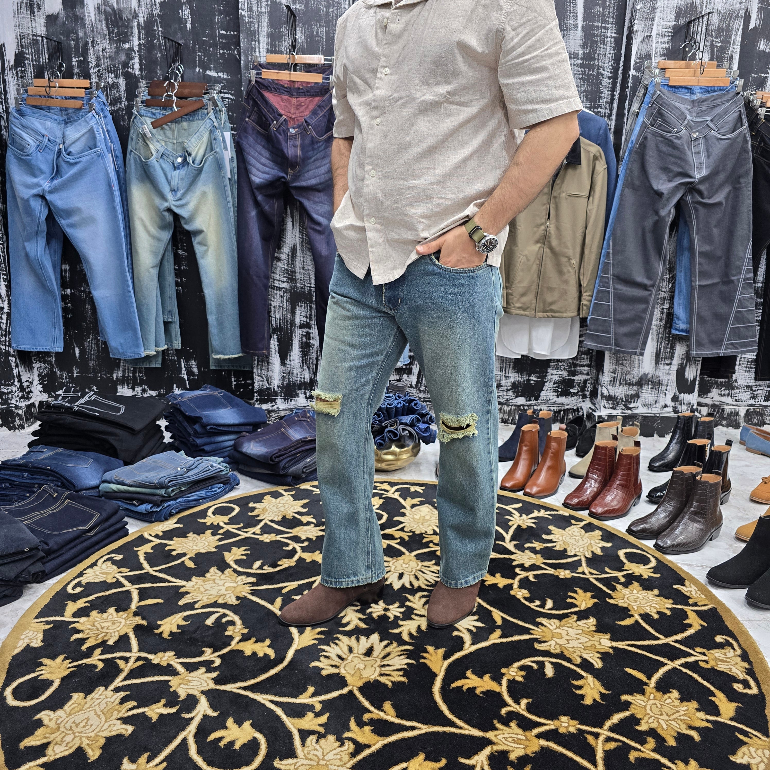 Vintage Fade Ripped Straight Jeans