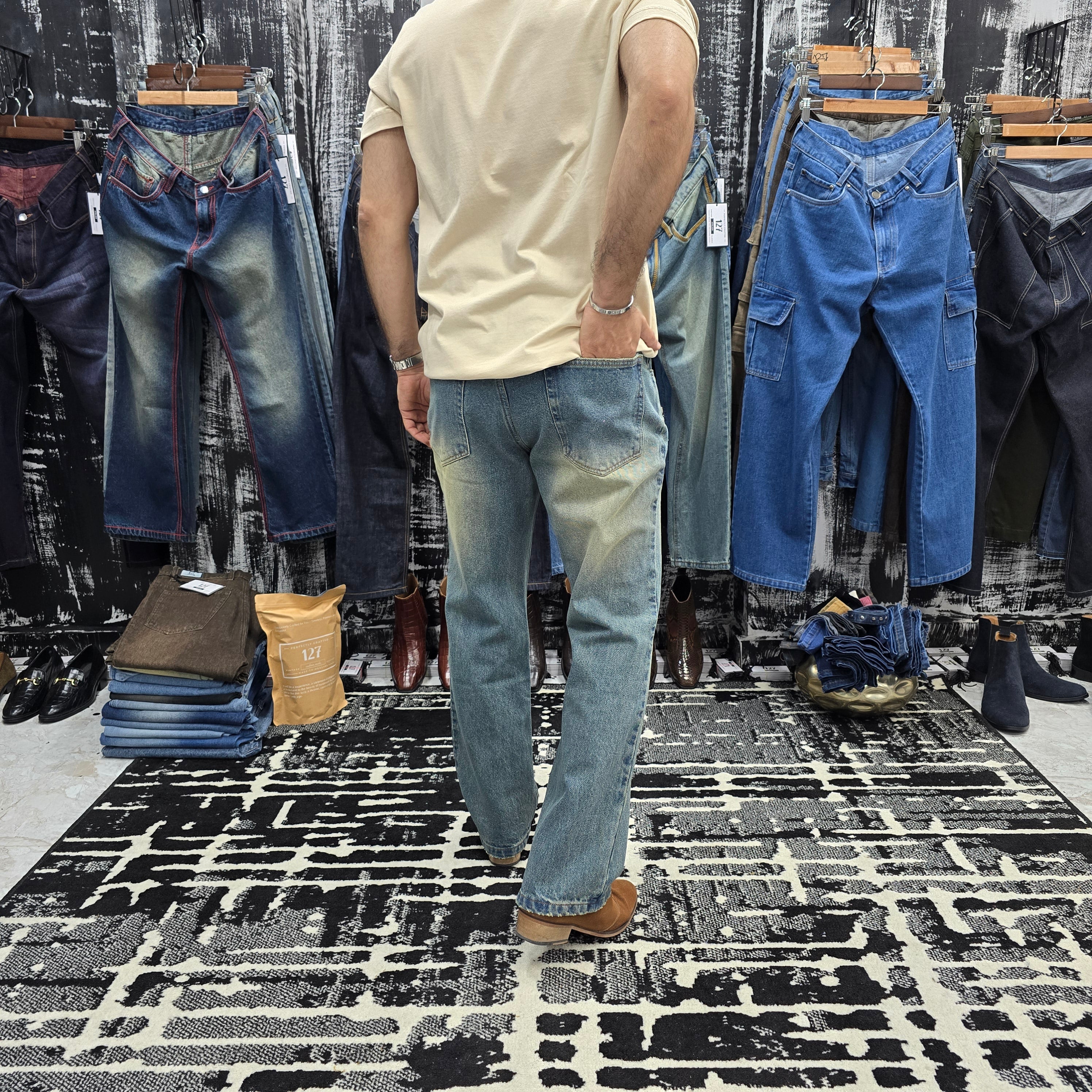 Dust Fade Semi Bootcut Jeans In Vintage Blue Wash