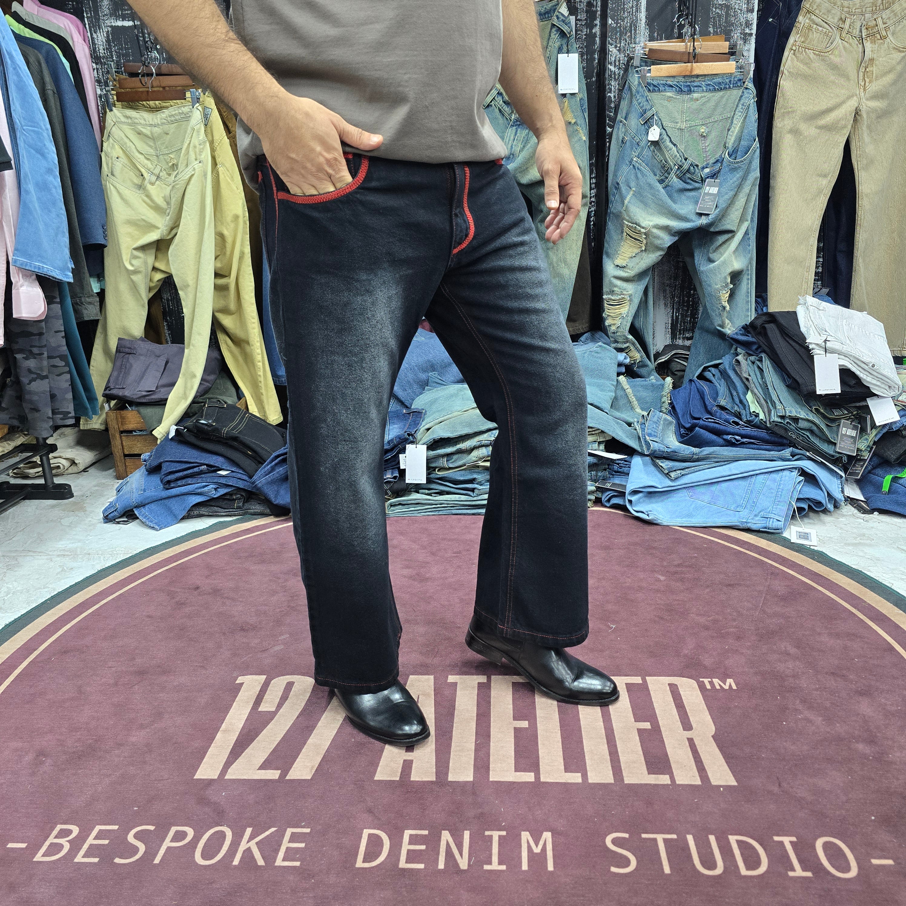 Black Bootcut Jeans With Red Stitch Detail