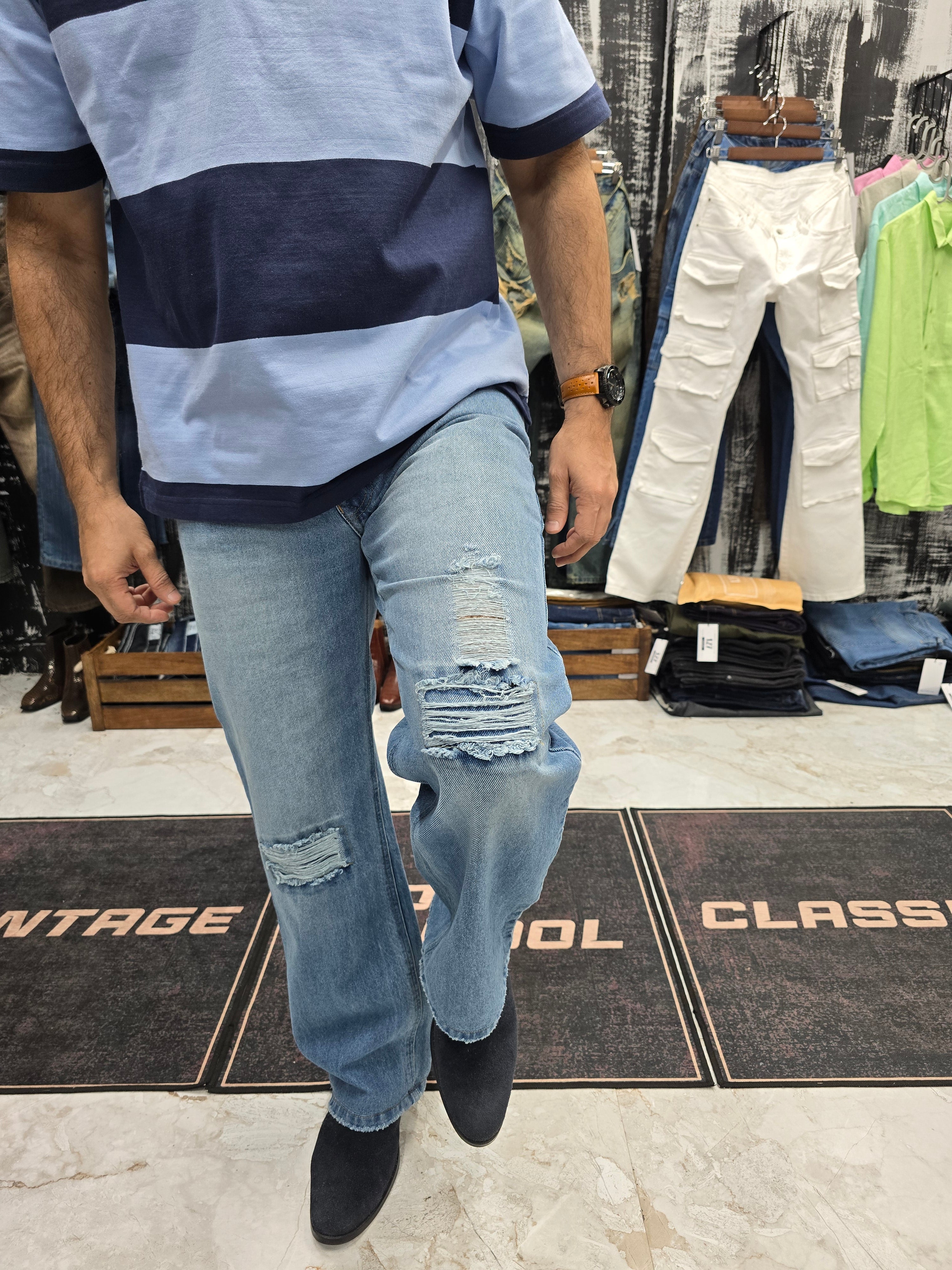 Sky Fade Distressed Wide-Leg Jeans