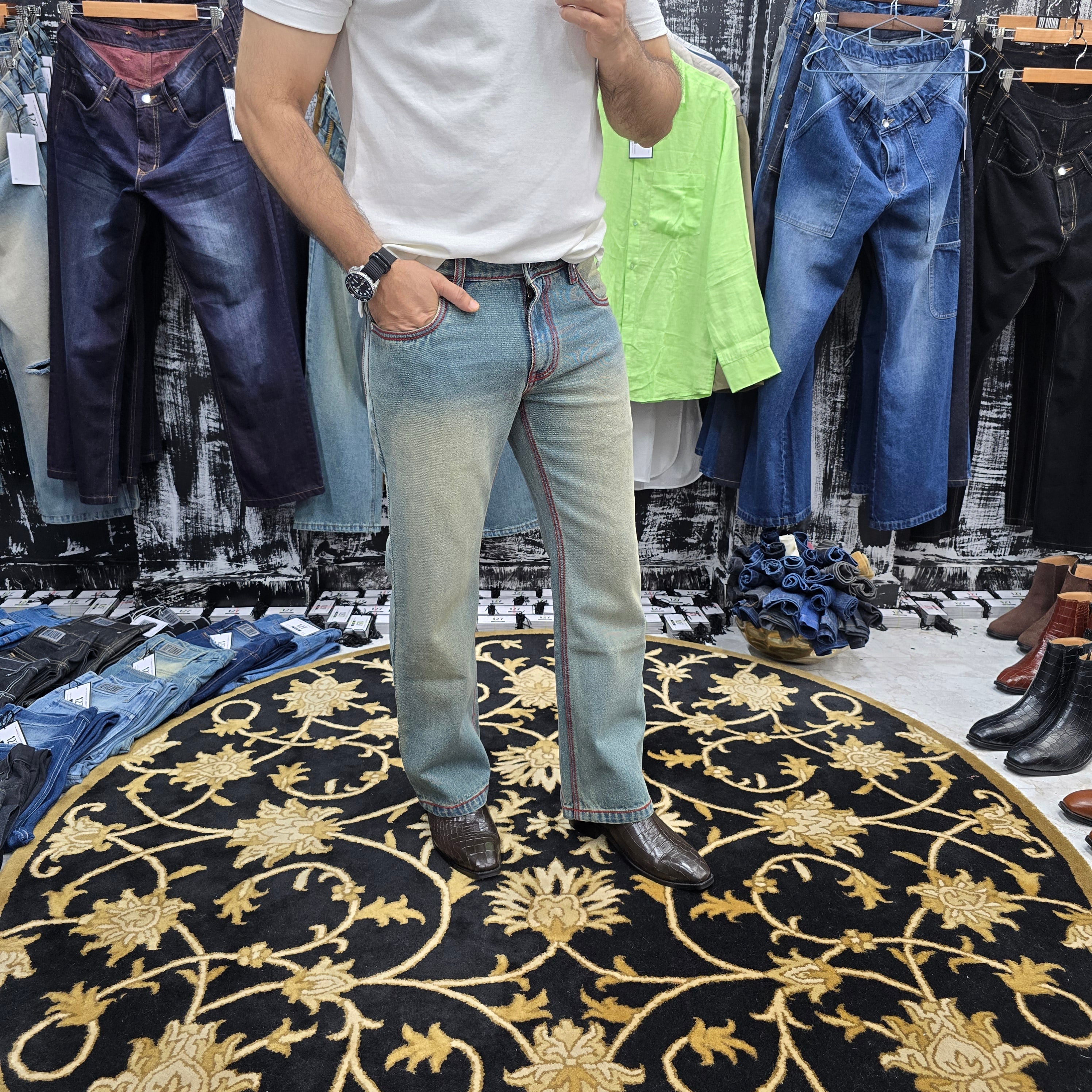 Vintage Ice Blue Bootcut Jeans With Red Contrast Stitch Edition