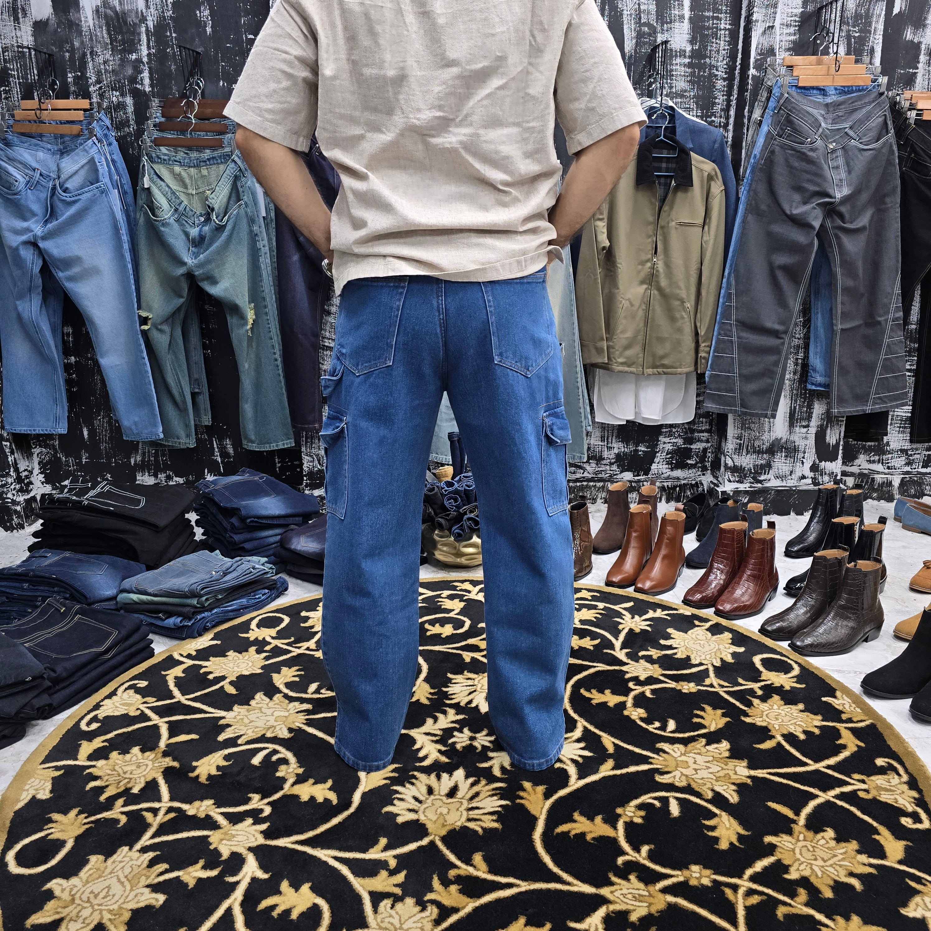 Classic Blue Cargo Wide-Leg Jeans with Bottom Slit