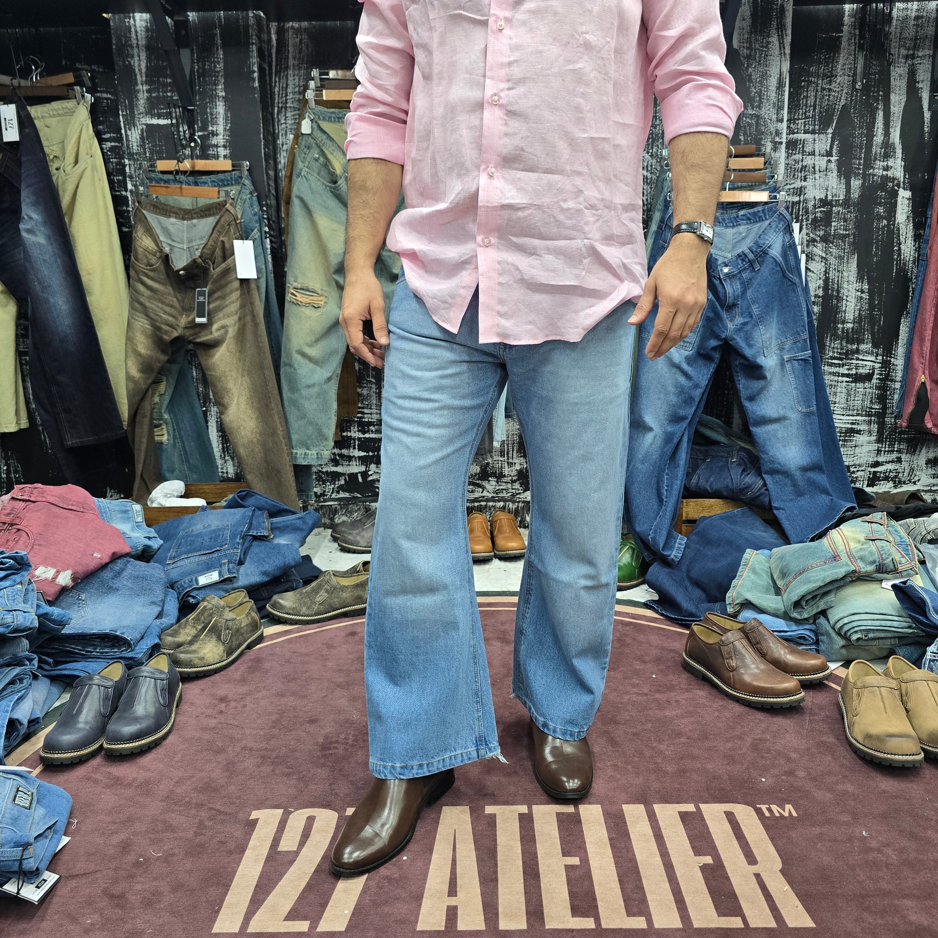 Sky Blue Vintage Bootcut Jeans with Asymmetric Hem