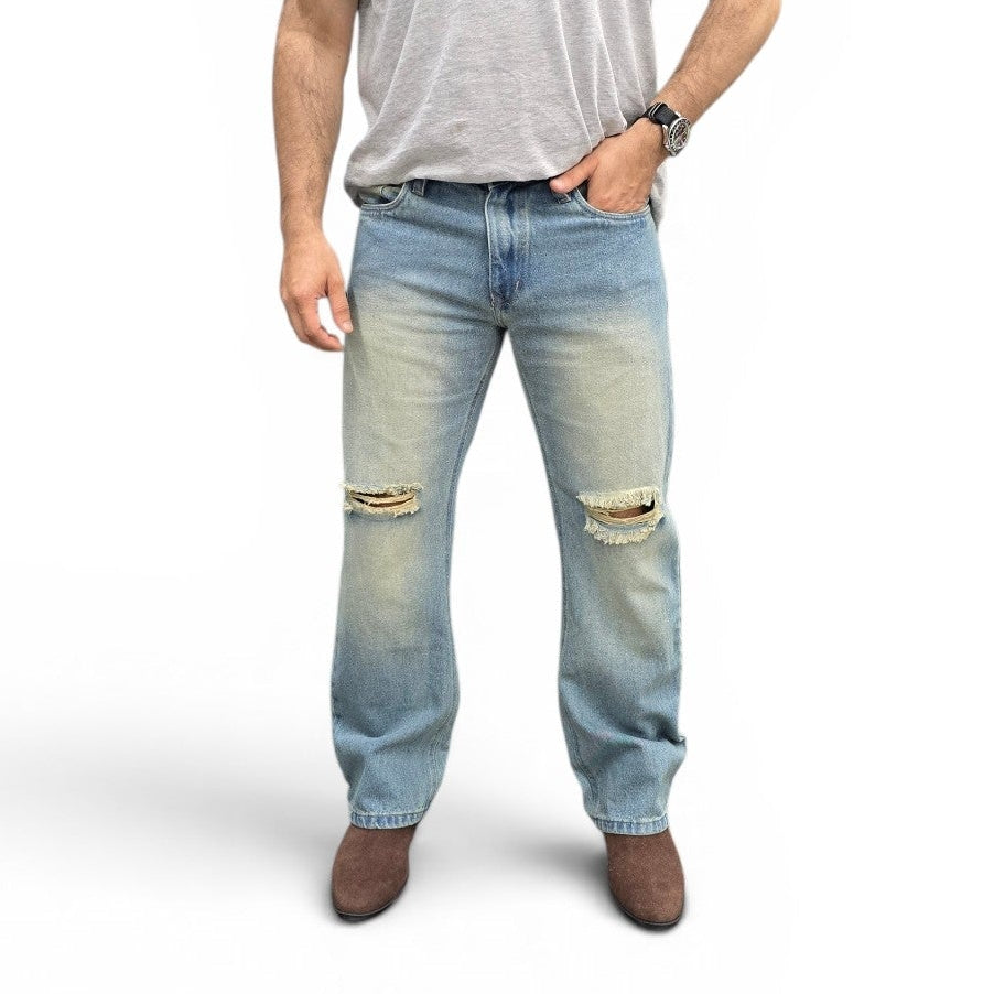 Ice Blue Distressed Semi Bootcut Jeans