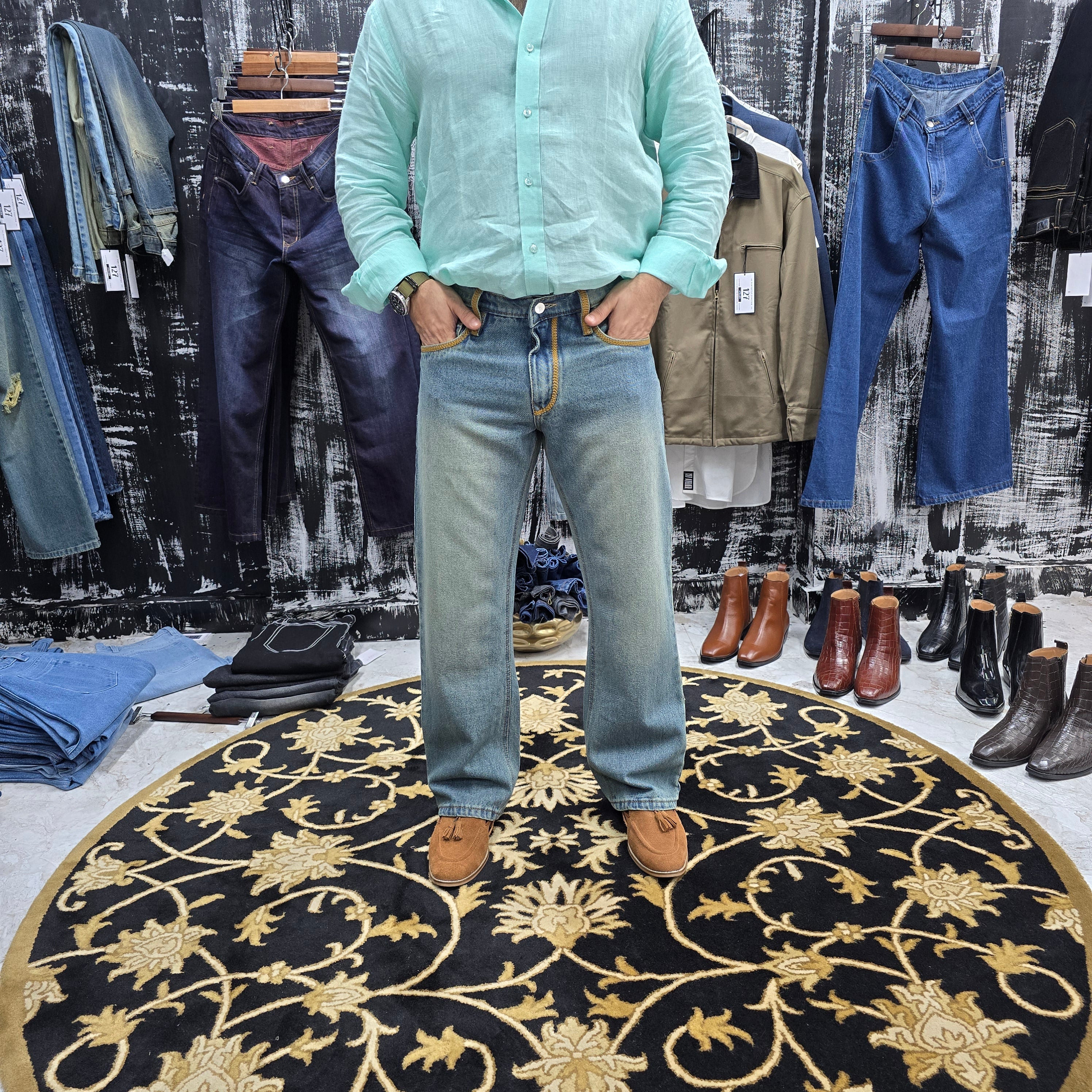 Vintage Sky Blue Jeans with Mustard Embroidered Detailing
