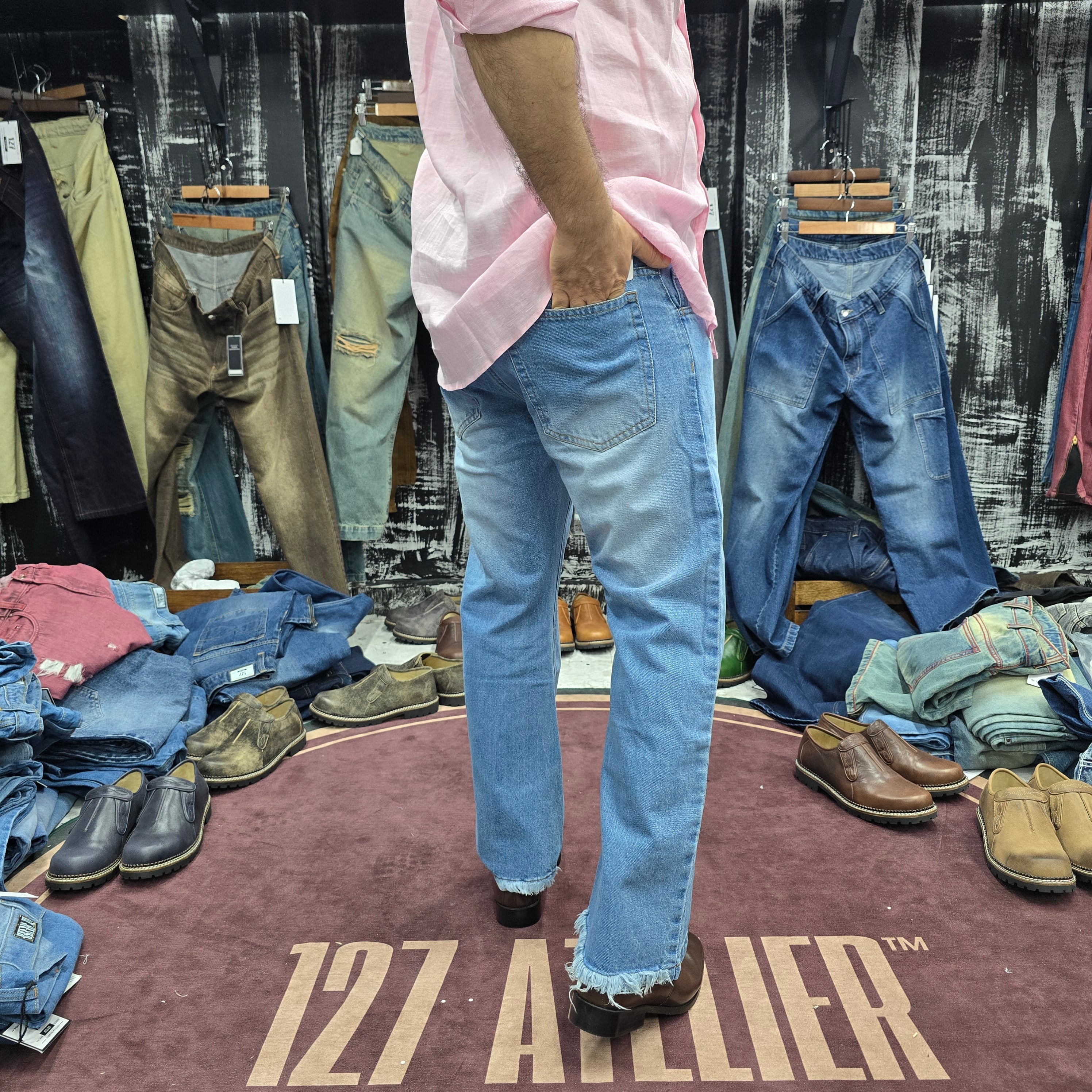 Sky Blue Vintage Bootcut Jeans with Asymmetric Hem