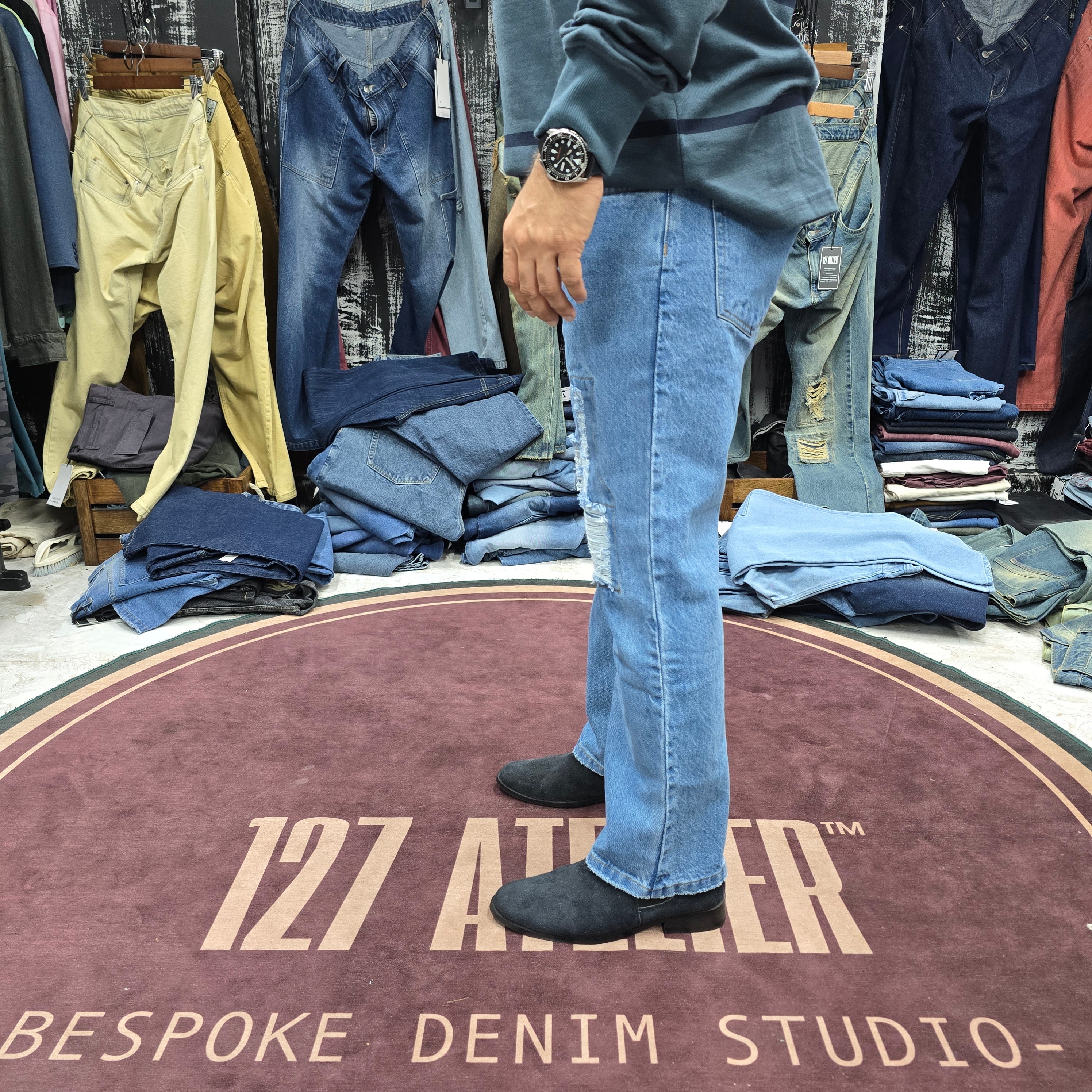 Straight Fit Distressed Jeans In Light Blue Wash