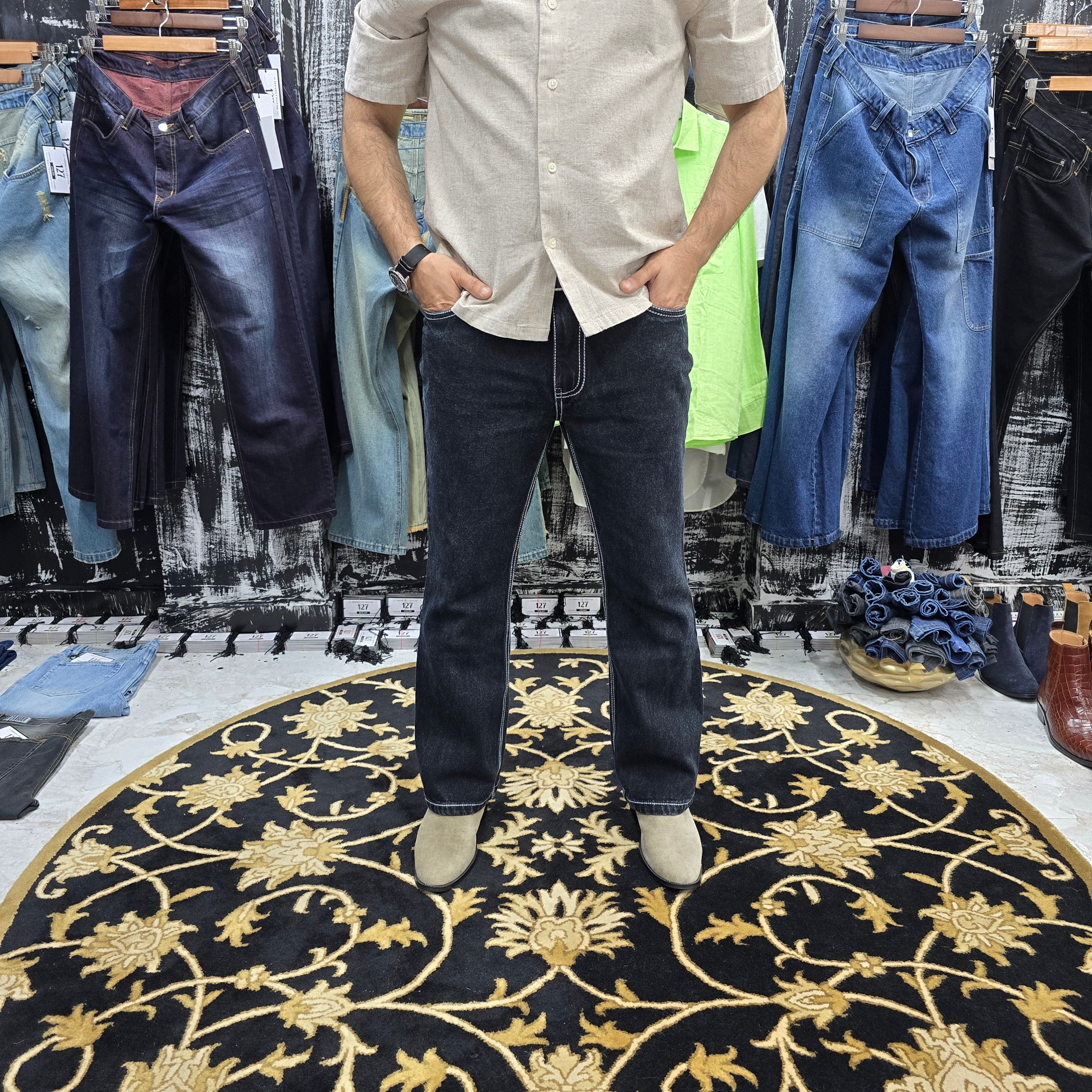 Midnight Black Semi Bootcut Jeans with Bold Contrast Stitching