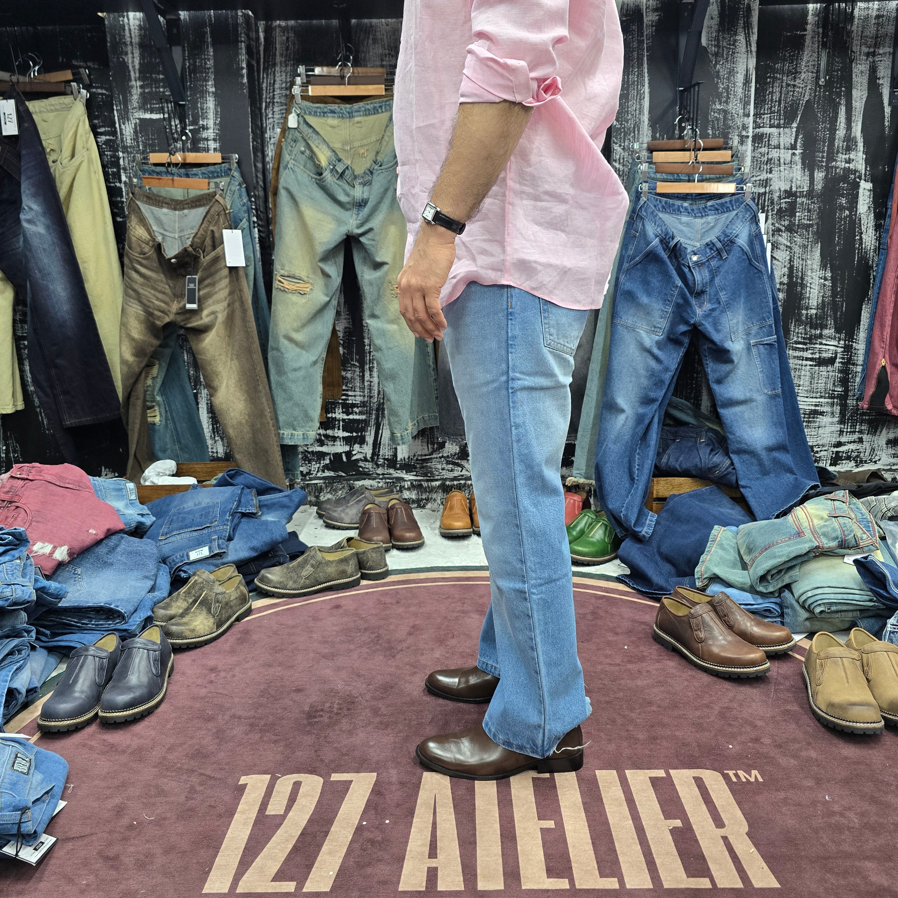 Sky Blue Vintage Bootcut Jeans with Asymmetric Hem