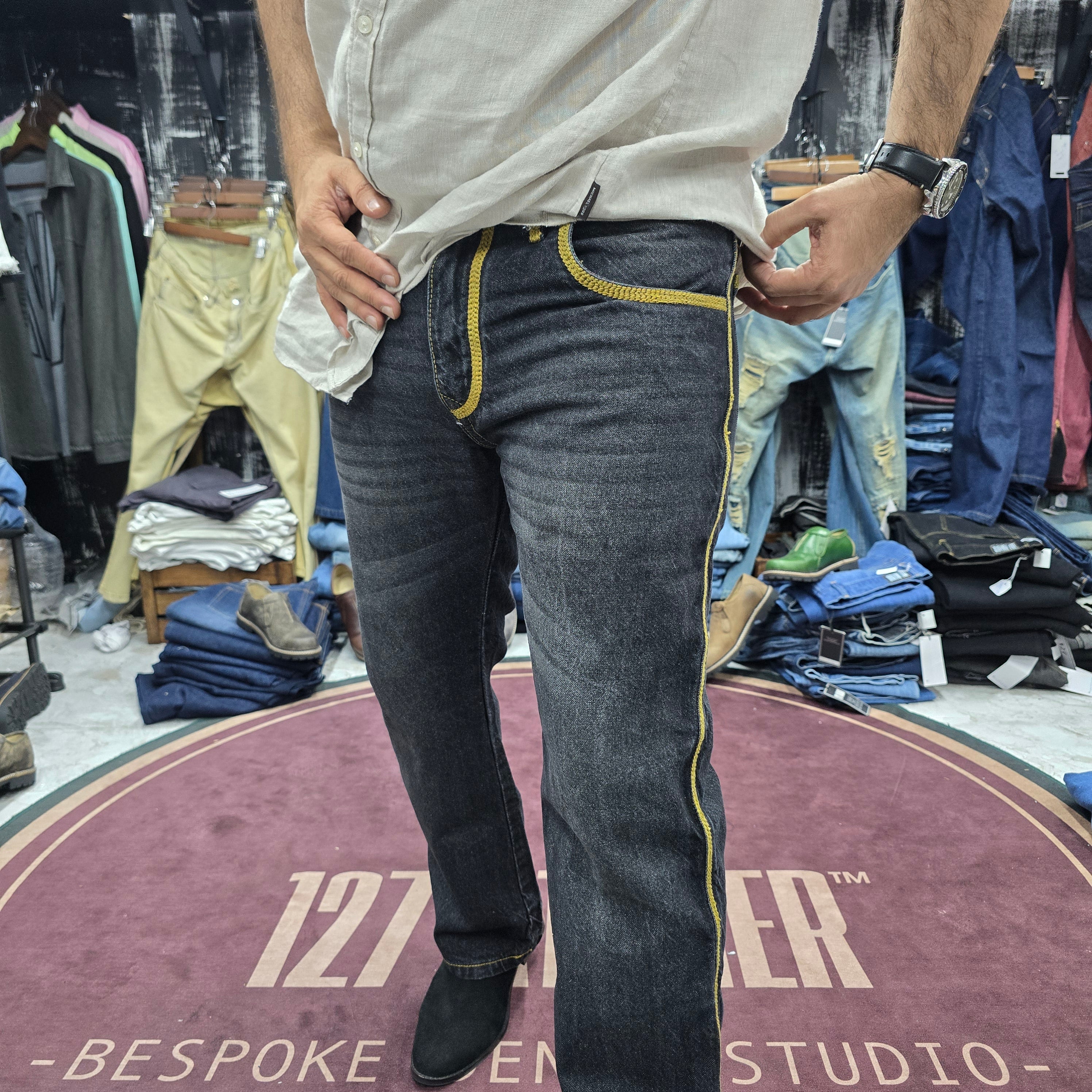 Charcoal Side Stripe Embroidered Straight cut Jeans